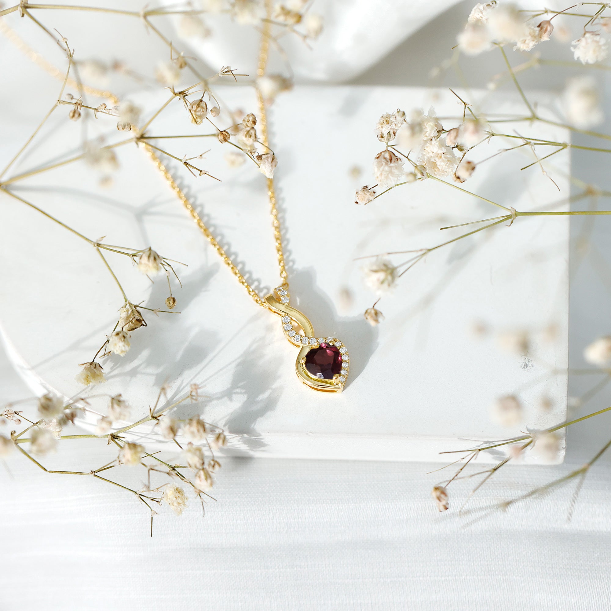 Certified 1 Carat Rhodolite Diamond Heart and Infinity Necklace AAA 14K Yellow Gold Plated Silver - Rosec Jewels