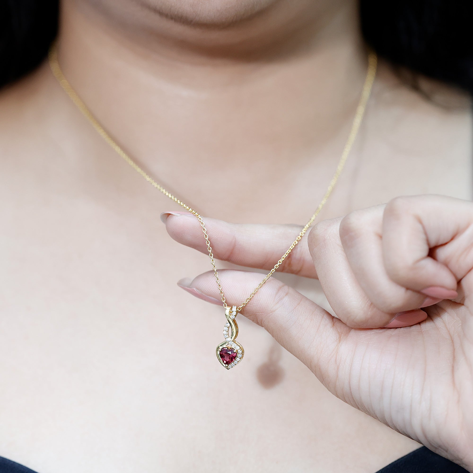 Certified 1 Carat Rhodolite Diamond Heart and Infinity Necklace AAA 14K Yellow Gold Plated Silver - Rosec Jewels