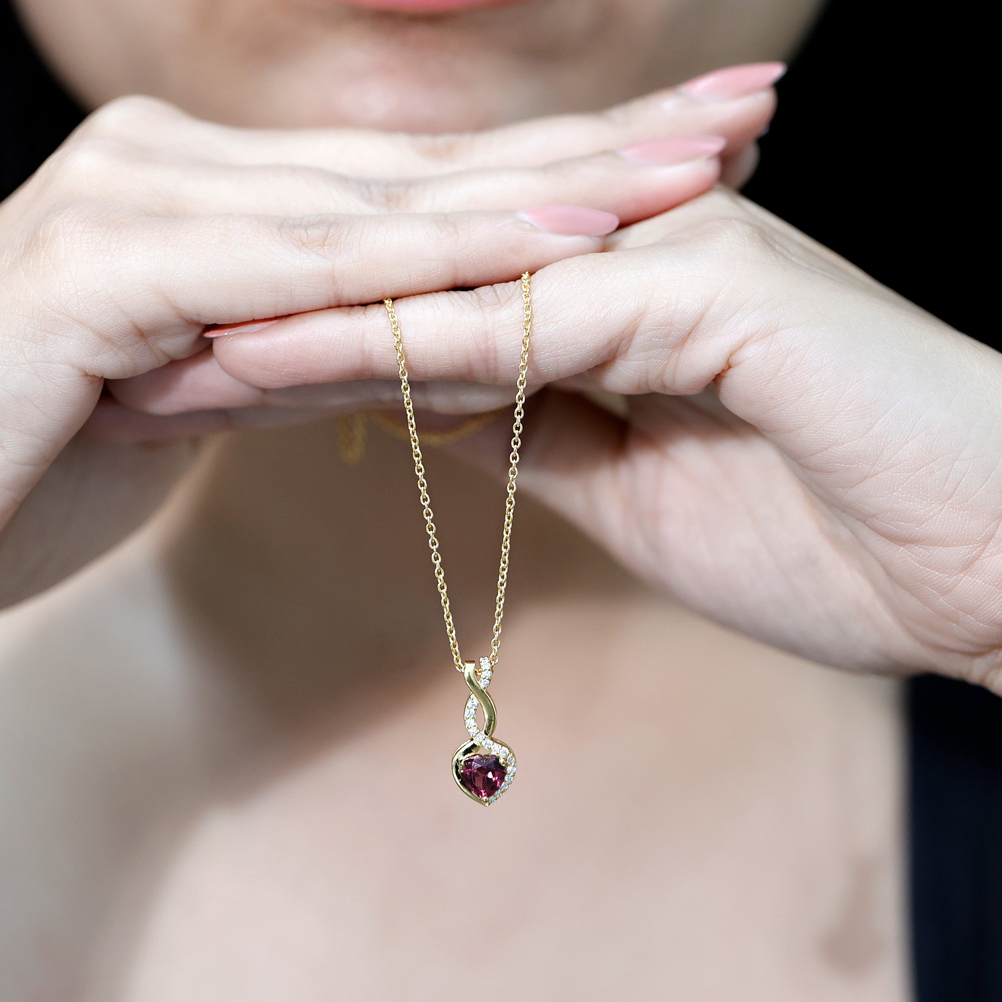 Certified 1 Carat Rhodolite Diamond Heart and Infinity Necklace AAA 14K Yellow Gold Plated Silver - Rosec Jewels