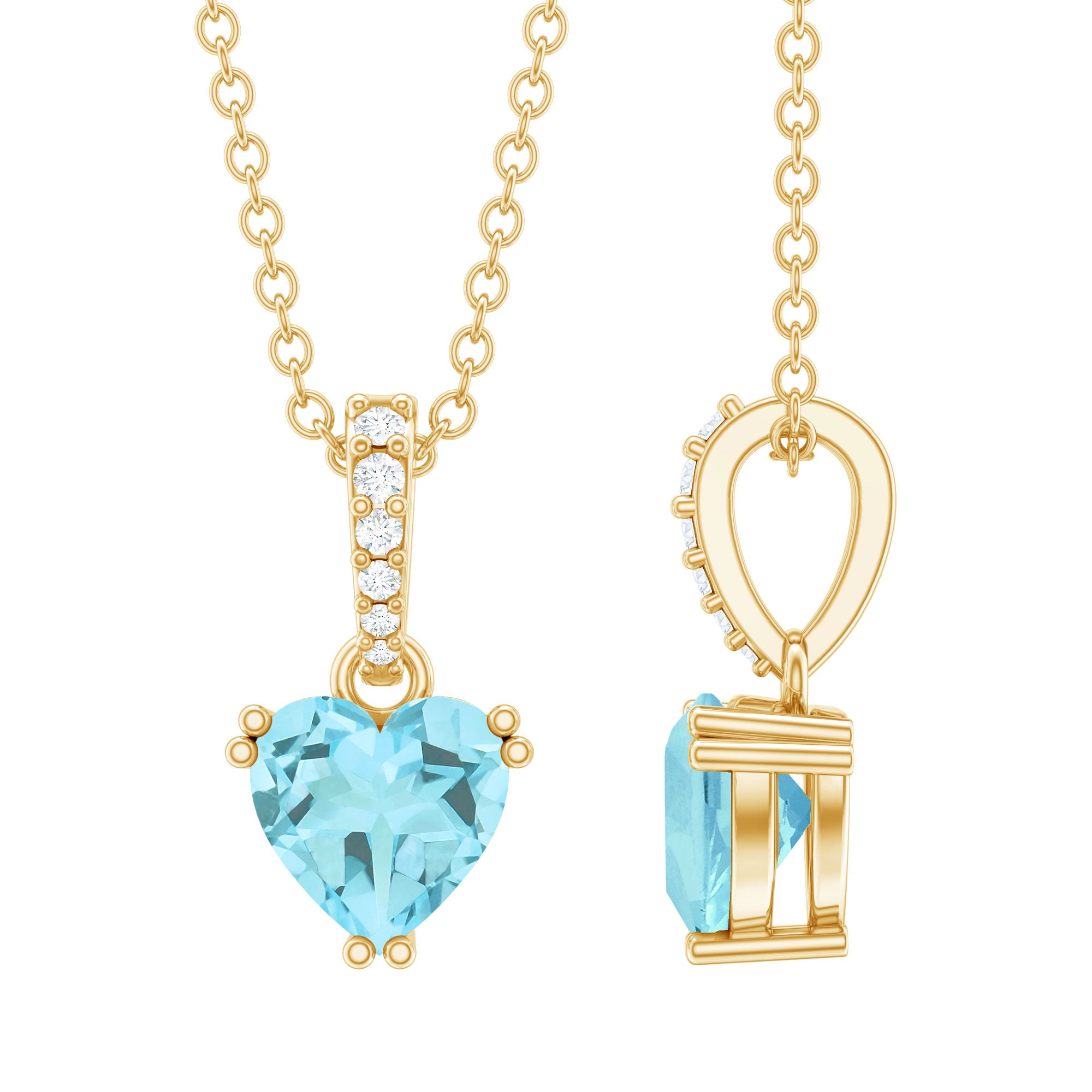 1 Carat Sky Blue Topaz Heart Pendant Necklace with Diamond AAA 14K Yellow Gold Plated Silver - Rosec Jewels