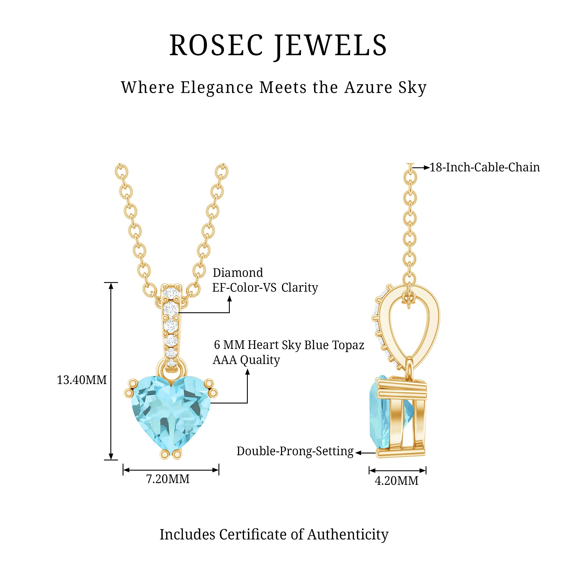 1 Carat Sky Blue Topaz Heart Pendant Necklace with Diamond AAA 14K Yellow Gold Plated Silver - Rosec Jewels