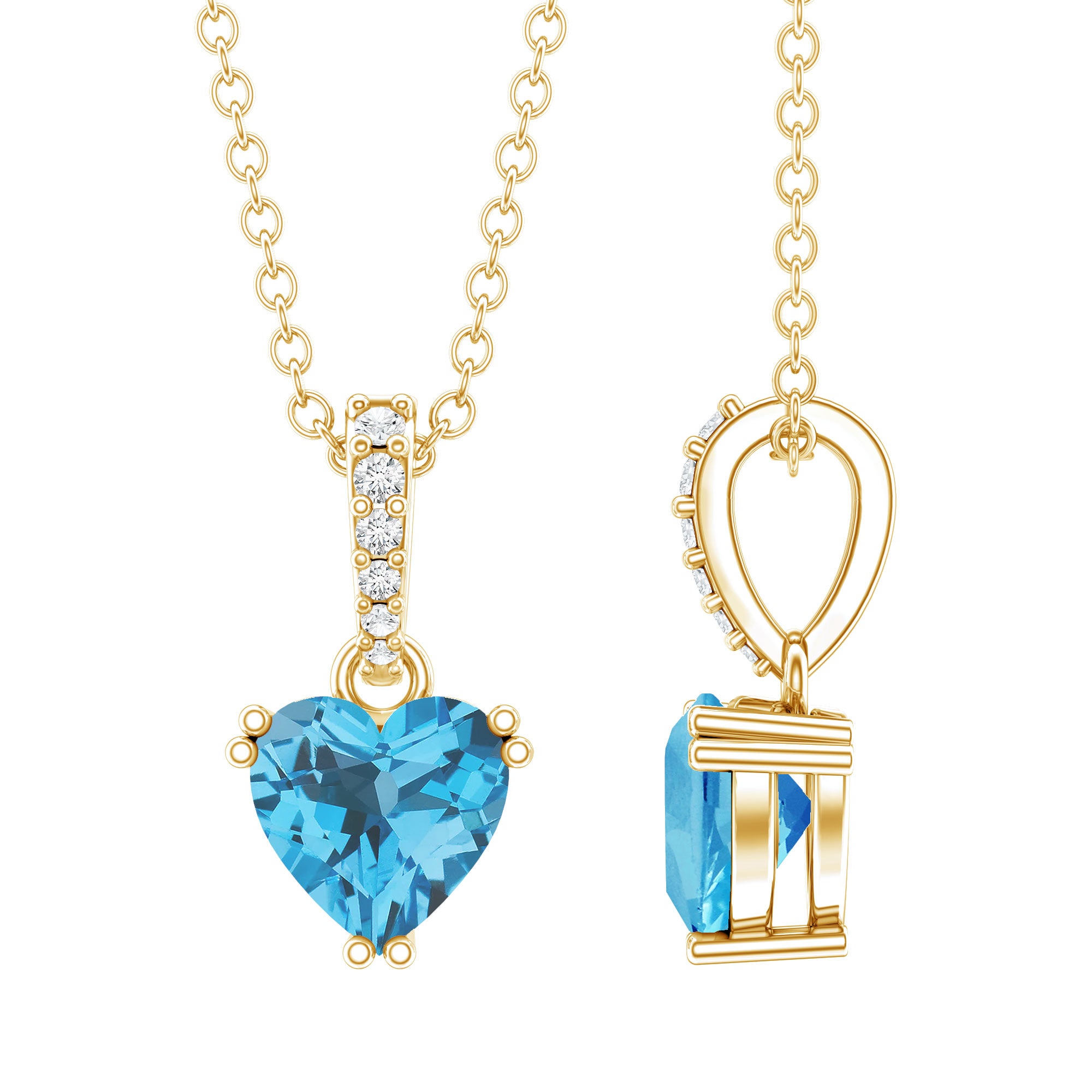 0.9 Carat Swiss Blue Topaz Solitaire and Diamond Heart Necklace with Chain AAA 14K Yellow Gold Plated Silver - Rosec Jewels