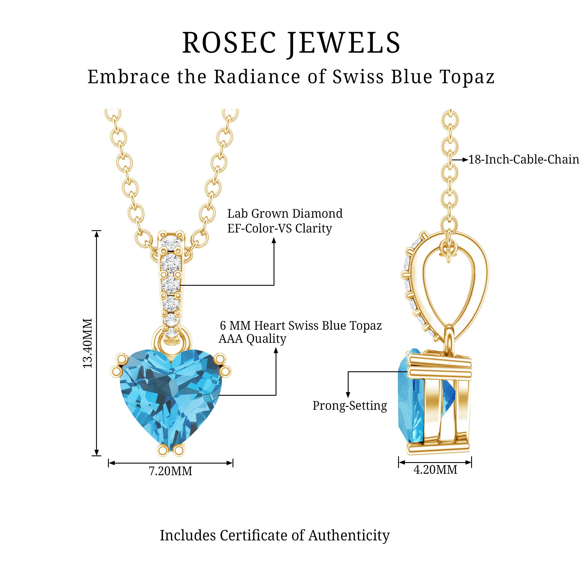 0.9 Carat Swiss Blue Topaz Solitaire and Diamond Heart Necklace with Chain AAA 14K Yellow Gold Plated Silver - Rosec Jewels