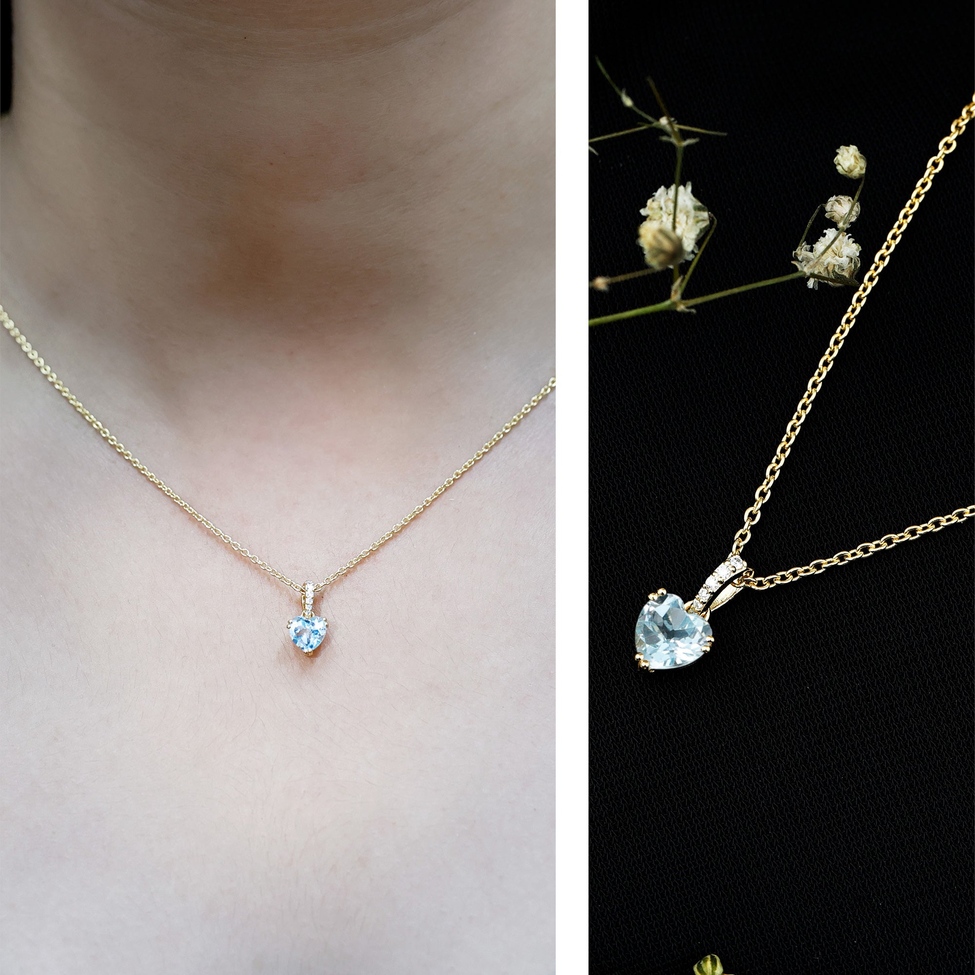 0.9 Carat Swiss Blue Topaz Solitaire and Diamond Heart Necklace with Chain AAA 14K Yellow Gold Plated Silver - Rosec Jewels