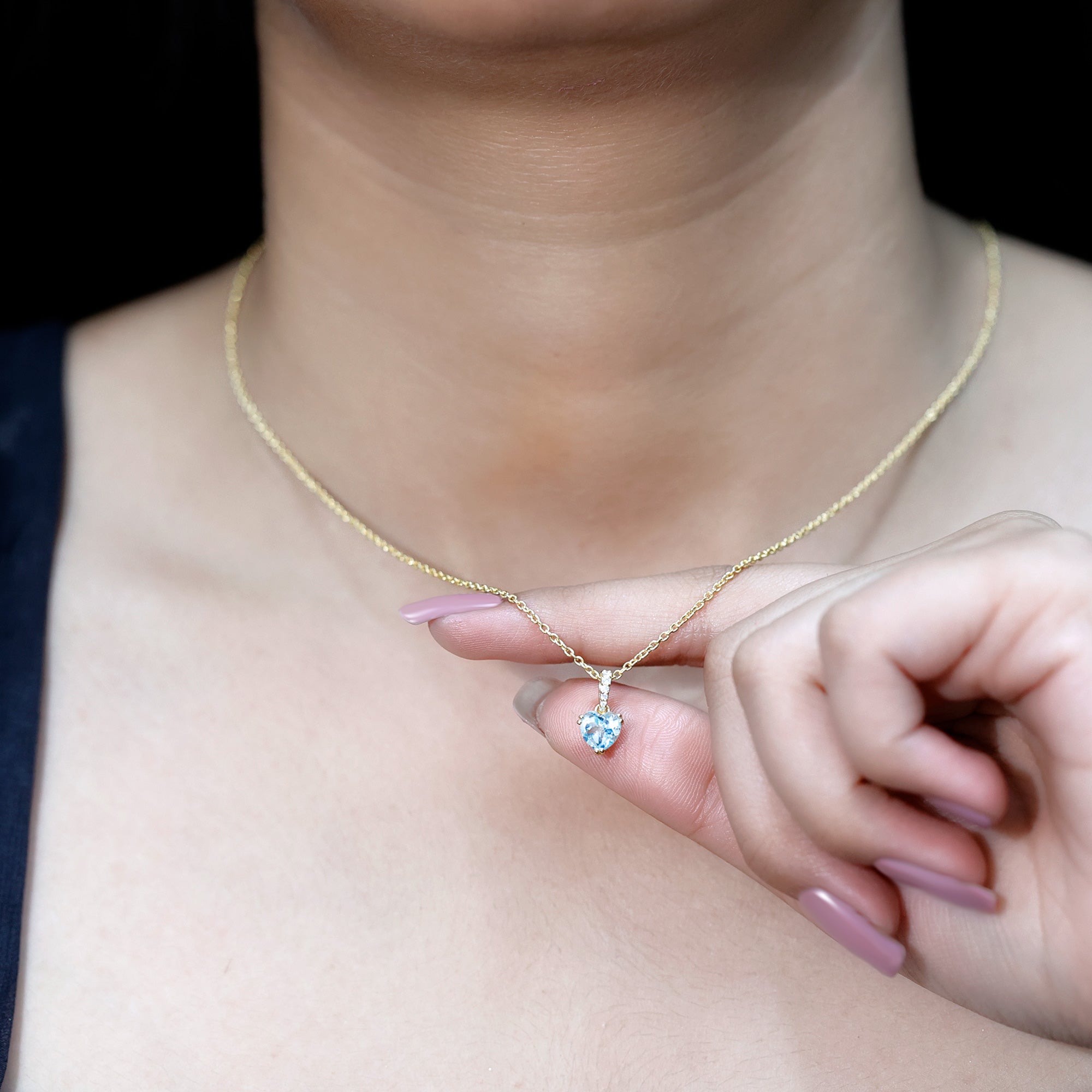 0.9 Carat Swiss Blue Topaz Solitaire and Diamond Heart Necklace with Chain AAA 14K Yellow Gold Plated Silver - Rosec Jewels