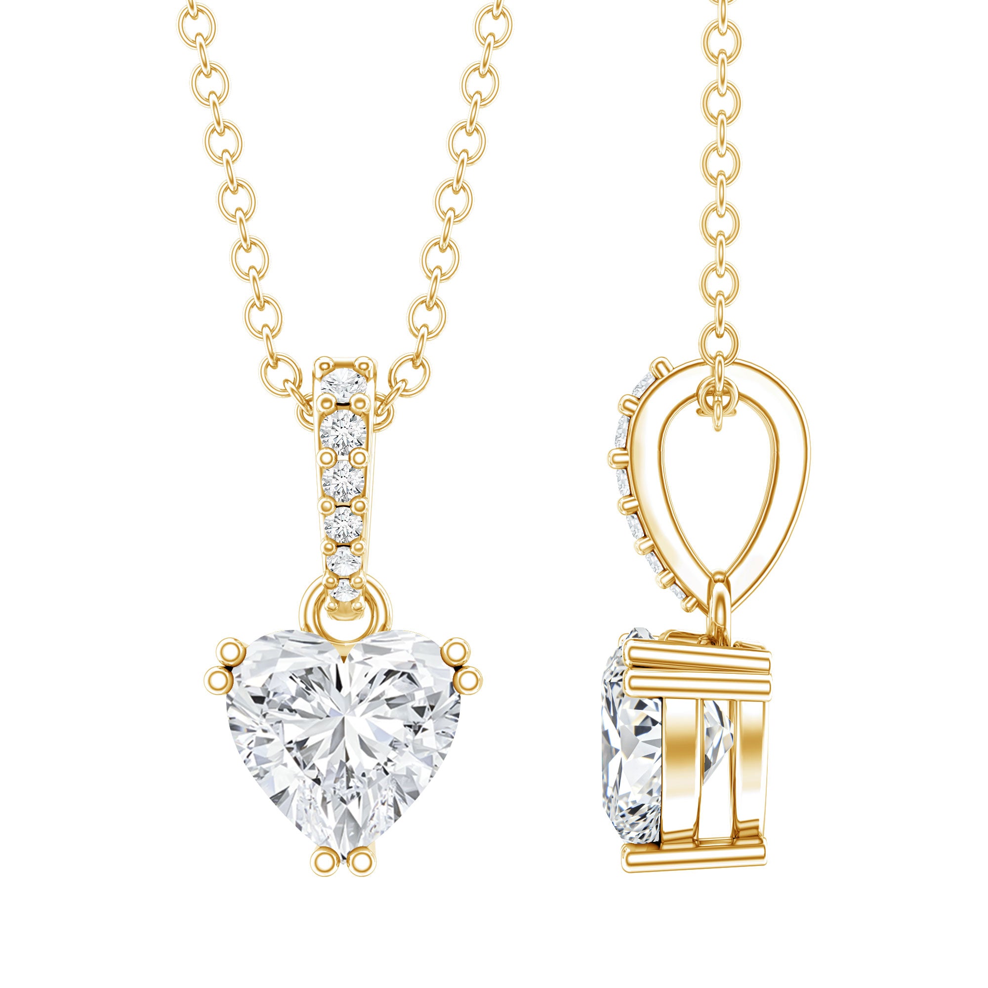 Certified 1 Carat Moissanite Heart Pendant Necklace for Women D-VS1 14K Yellow Gold Plated Silver - Rosec Jewels
