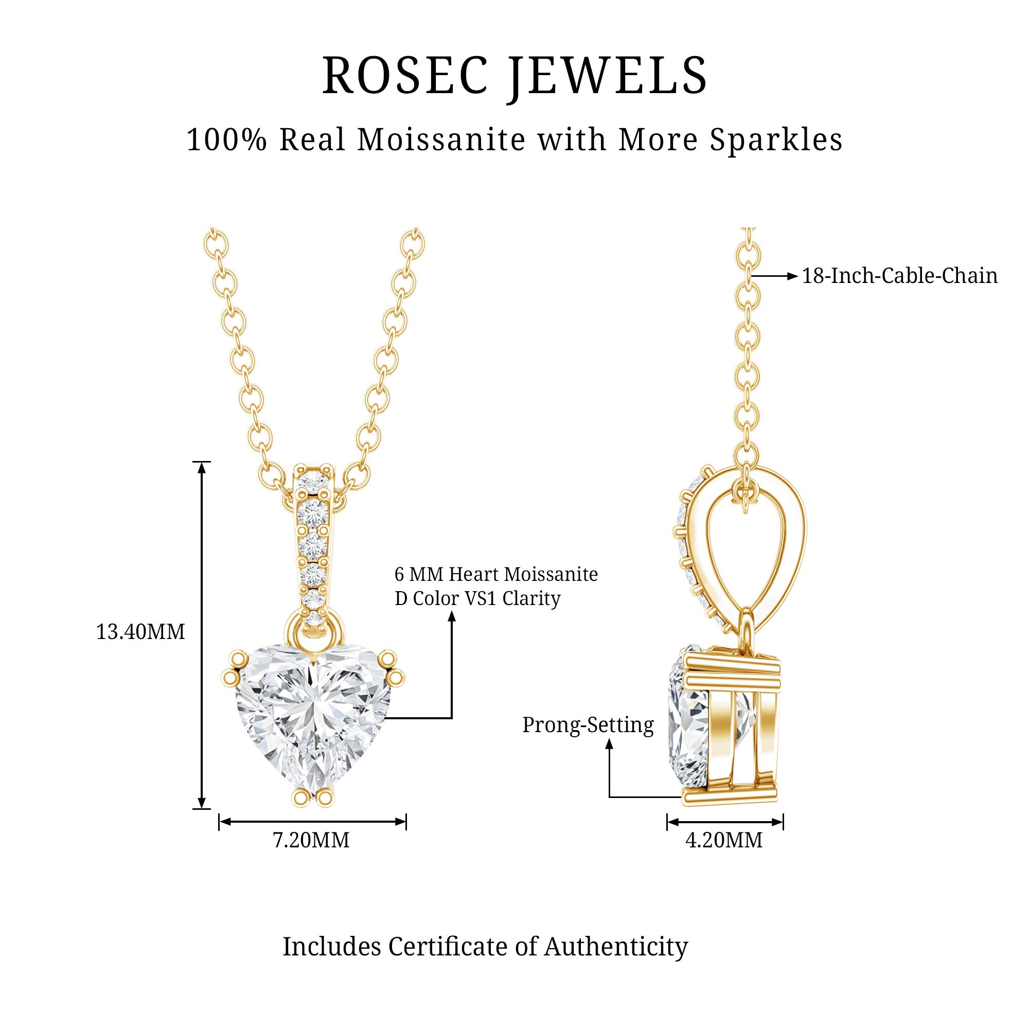 Certified 1 Carat Moissanite Heart Pendant Necklace for Women D-VS1 14K Yellow Gold Plated Silver - Rosec Jewels