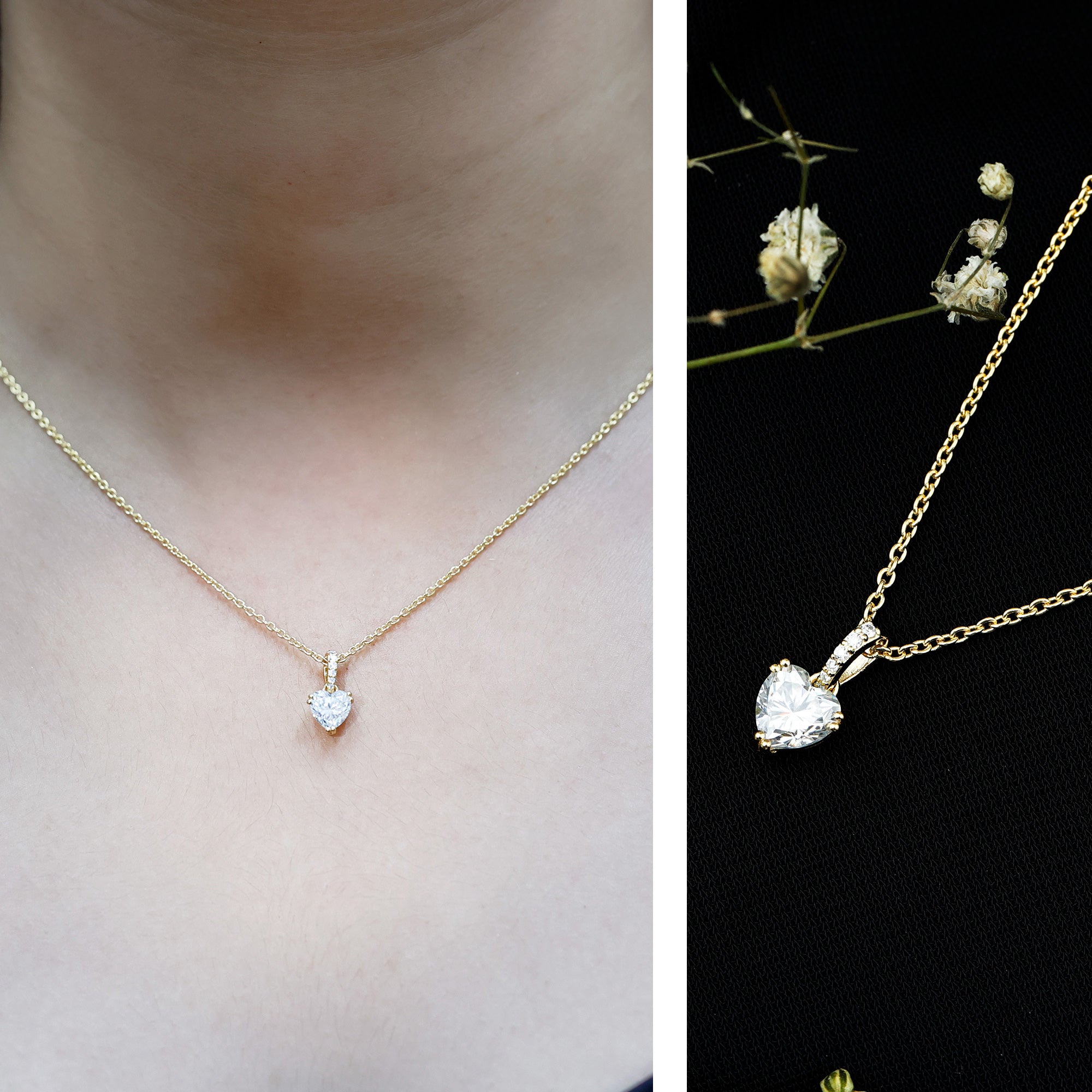 Certified 1 Carat Moissanite Heart Pendant Necklace for Women D-VS1 14K Yellow Gold Plated Silver - Rosec Jewels