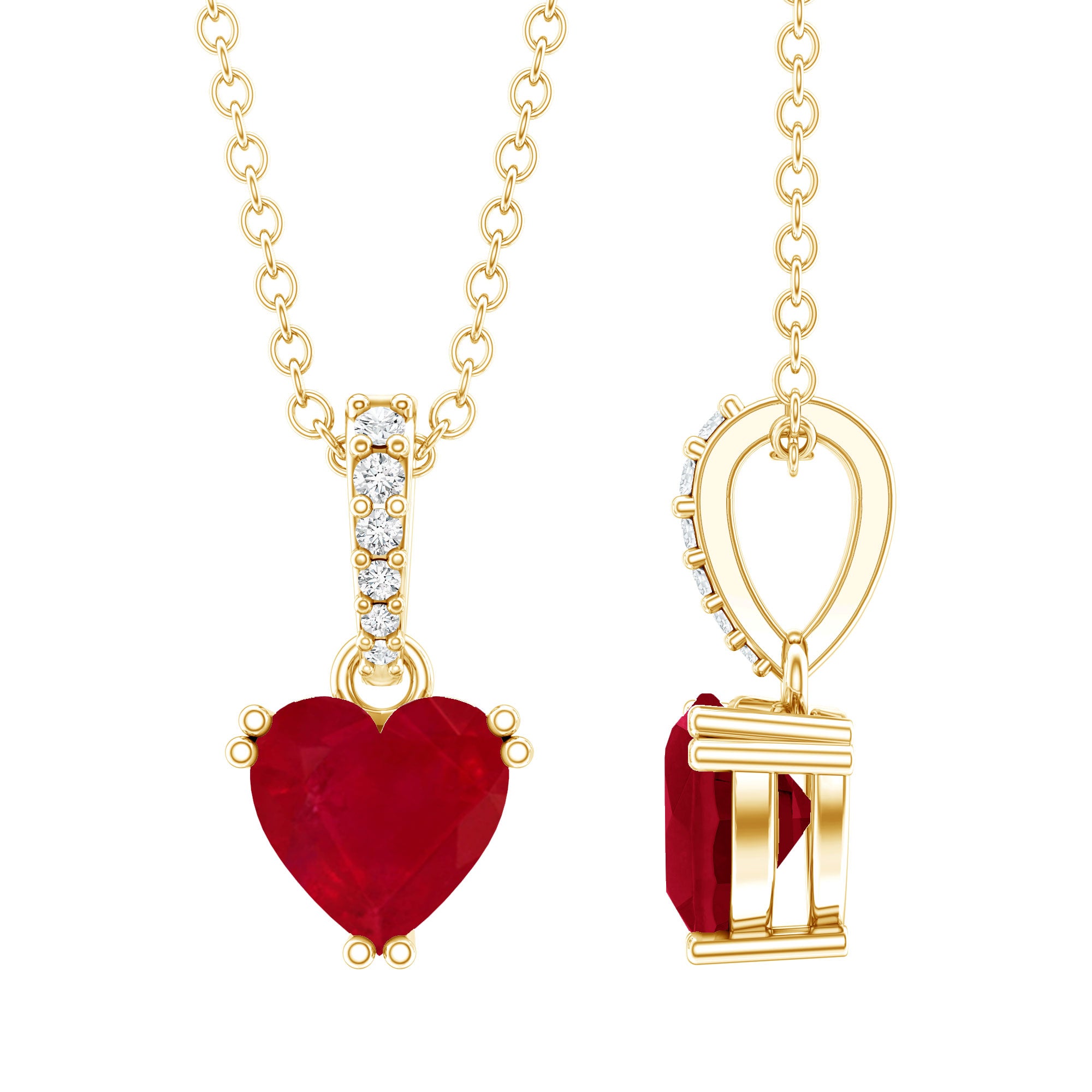 Natural 1 Carat Ruby Heart Necklace with Diamond Bail AAA 14K Yellow Gold Plated Silver - Rosec Jewels