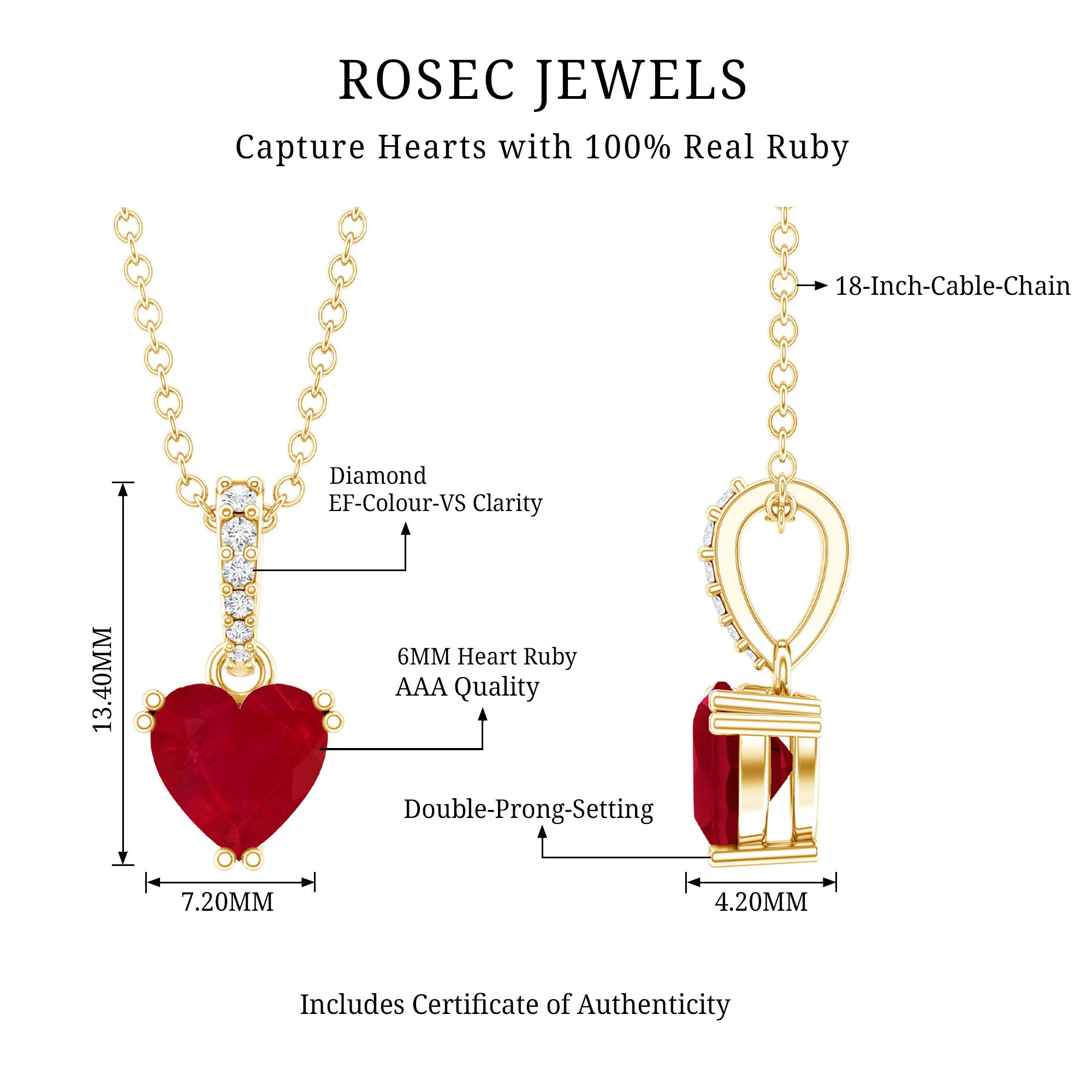 Natural 1 Carat Ruby Heart Necklace with Diamond Bail AAA 14K Yellow Gold Plated Silver - Rosec Jewels