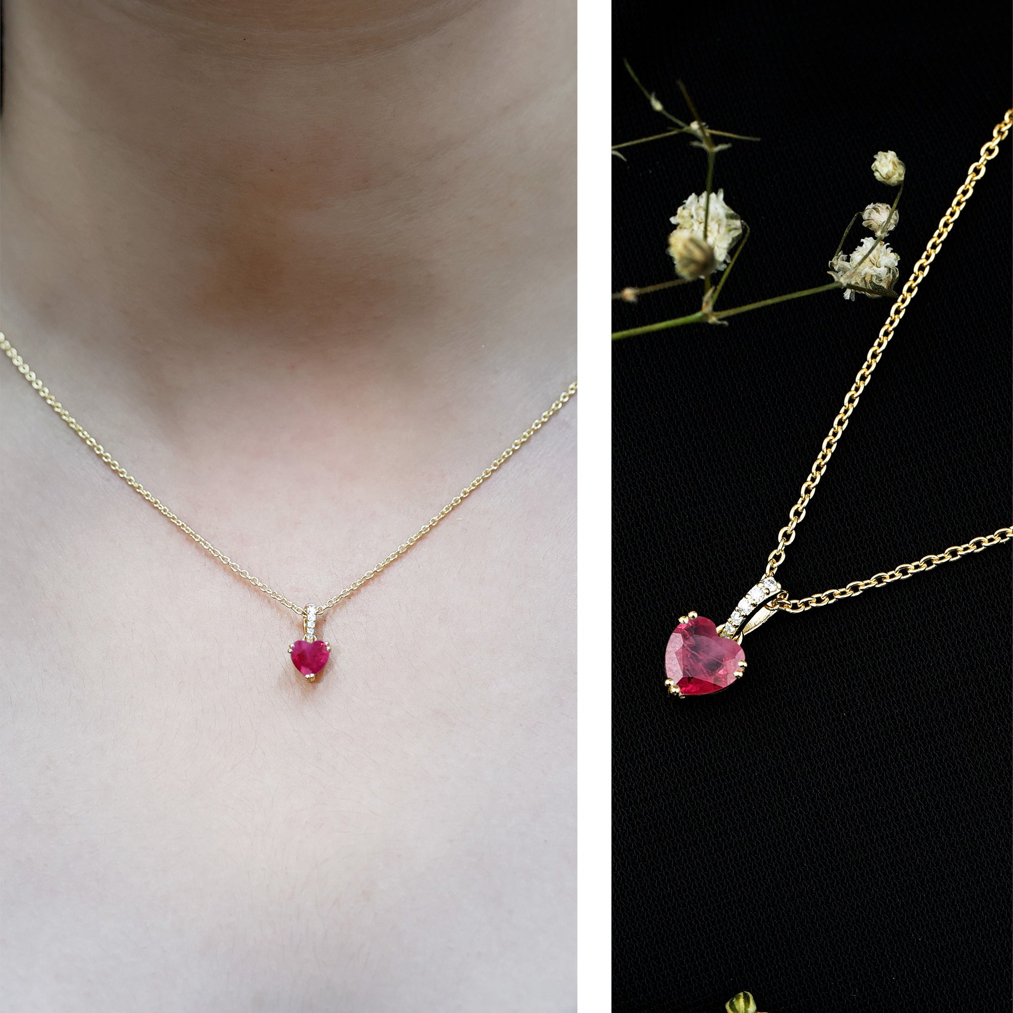 Natural 1 Carat Ruby Heart Necklace with Diamond Bail AAA 14K Yellow Gold Plated Silver - Rosec Jewels