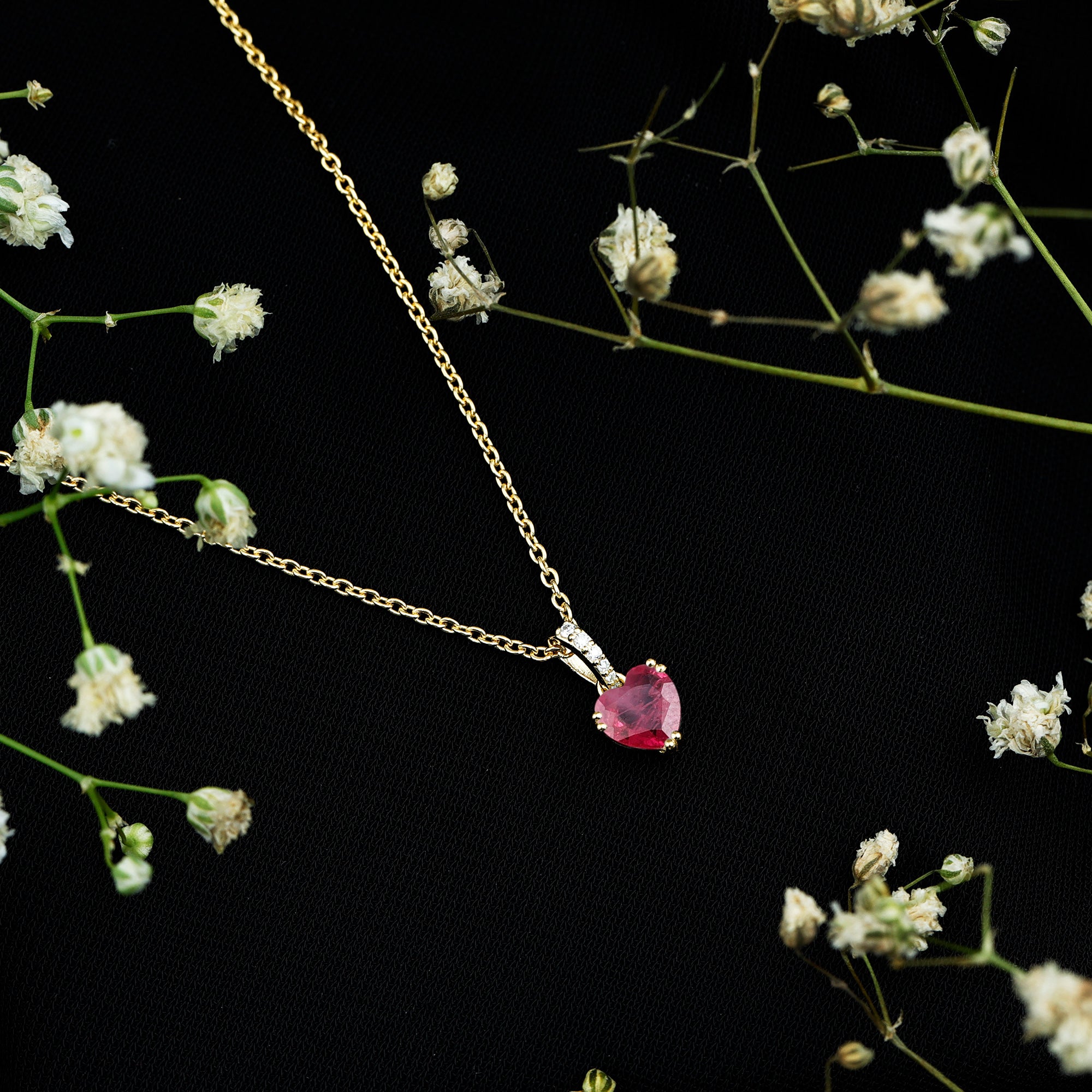 Natural 1 Carat Ruby Heart Necklace with Diamond Bail AAA 14K Yellow Gold Plated Silver - Rosec Jewels