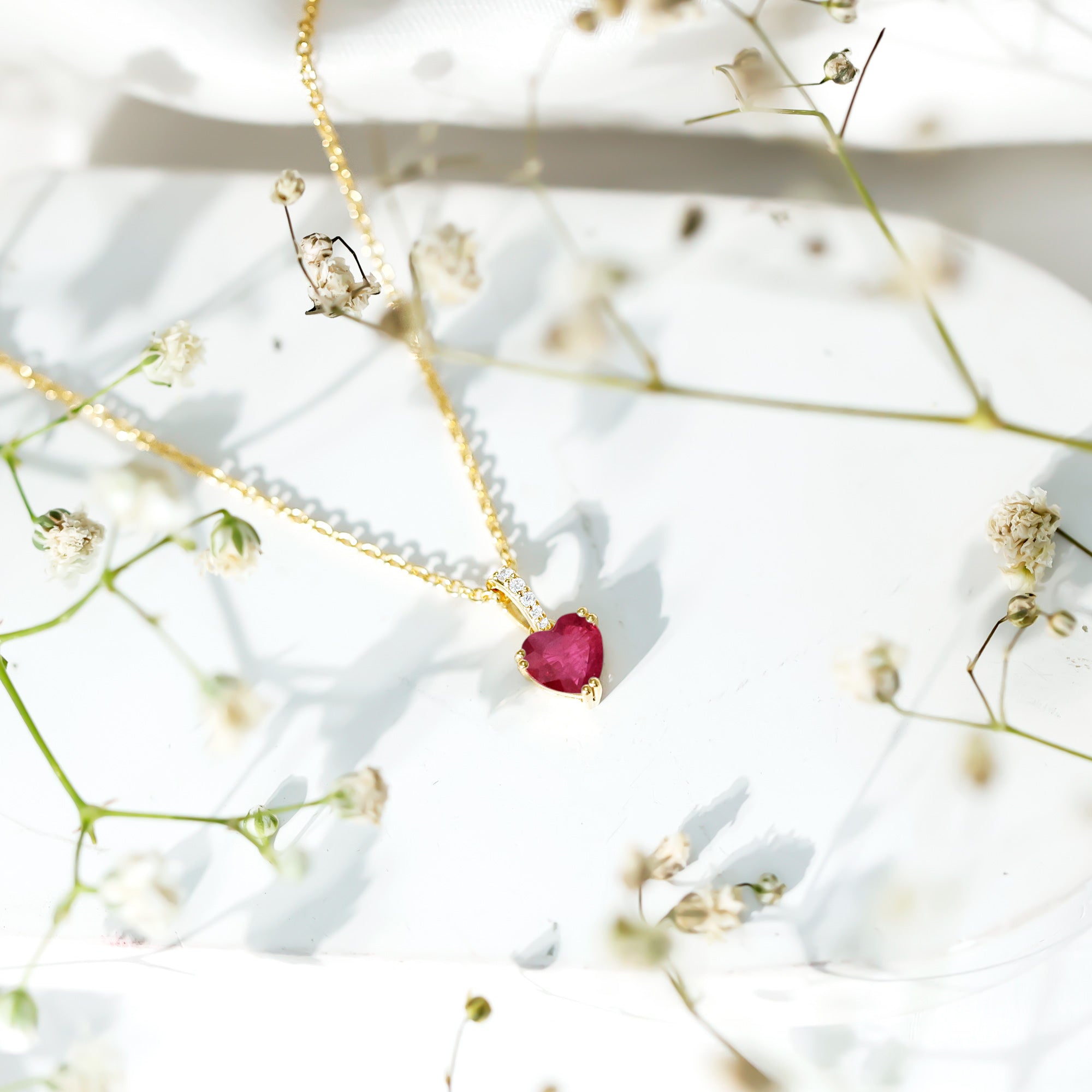 Natural 1 Carat Ruby Heart Necklace with Diamond Bail AAA 14K Yellow Gold Plated Silver - Rosec Jewels