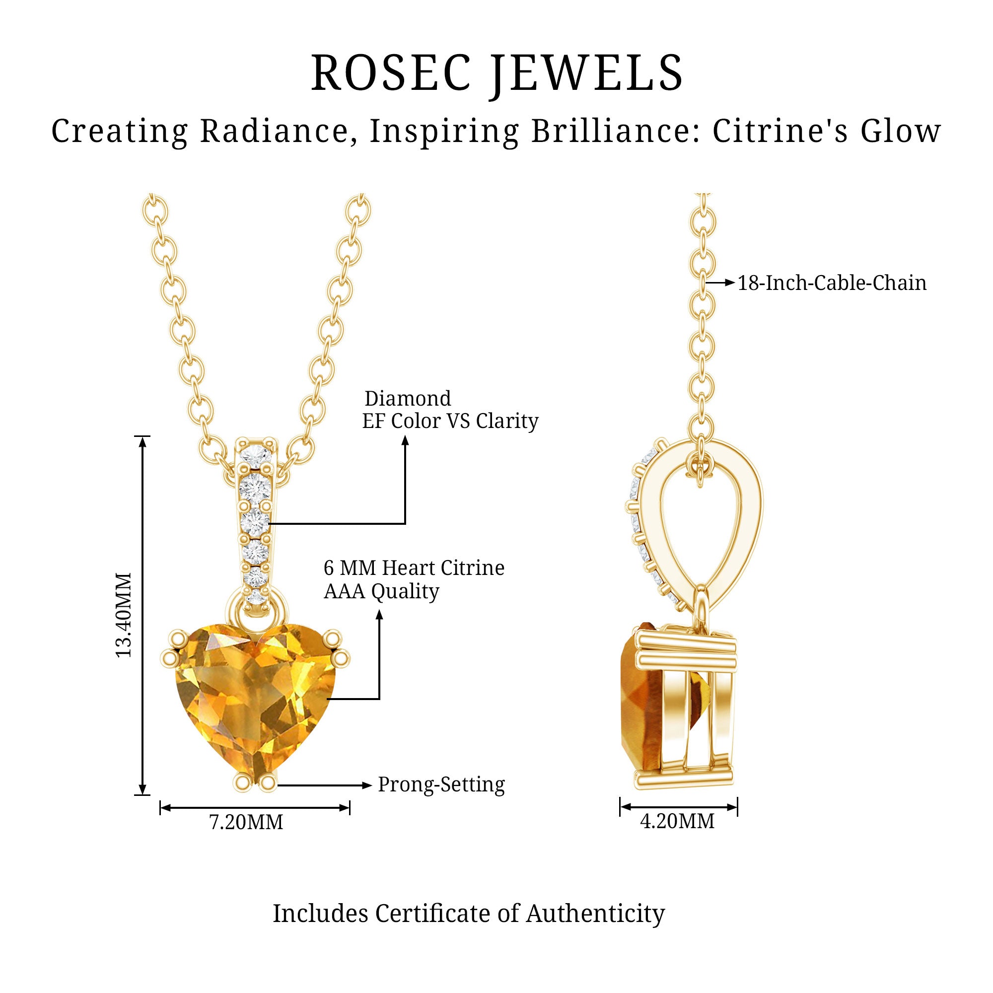 Natural 0.9 Carat Citrine Diamond Heart Locket with Silver Chain AAA 14K Yellow Gold Plated Silver - Rosec Jewels
