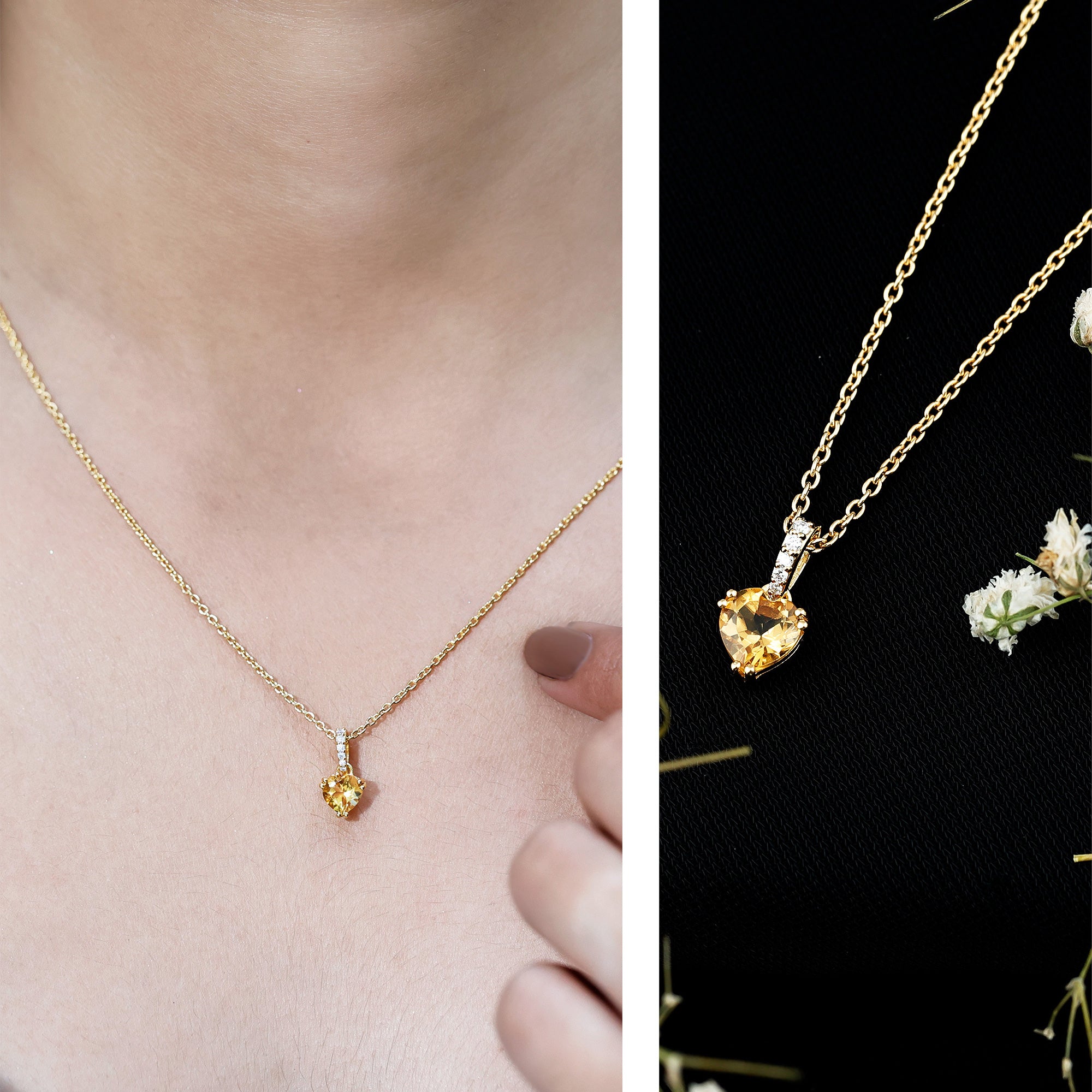 Natural 0.9 Carat Citrine Diamond Heart Locket with Silver Chain AAA 14K Yellow Gold Plated Silver - Rosec Jewels