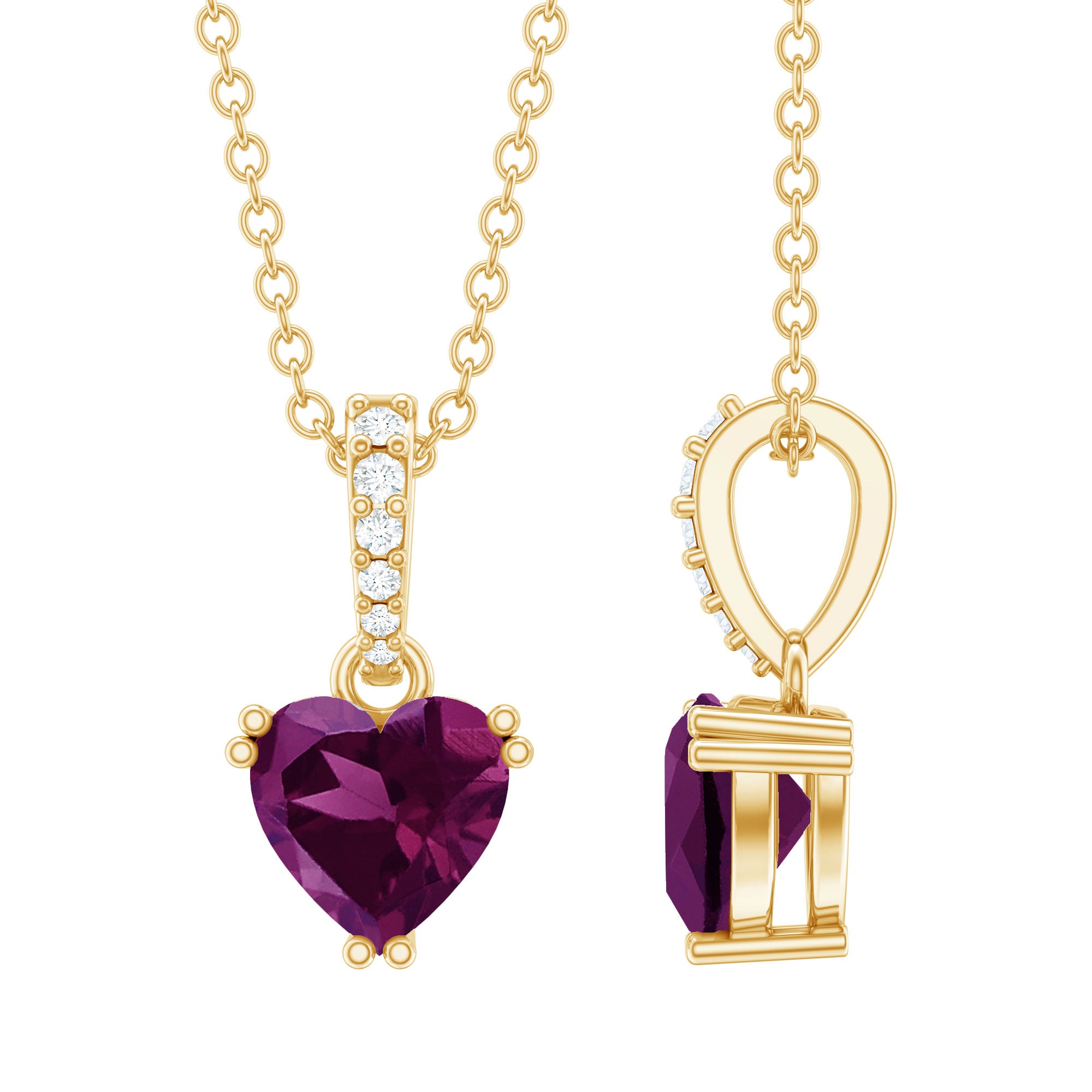 Rhodolite Garnet Heart Necklace with Diamond Accent Bail AAA 14K Yellow Gold Plated Silver - Rosec Jewels