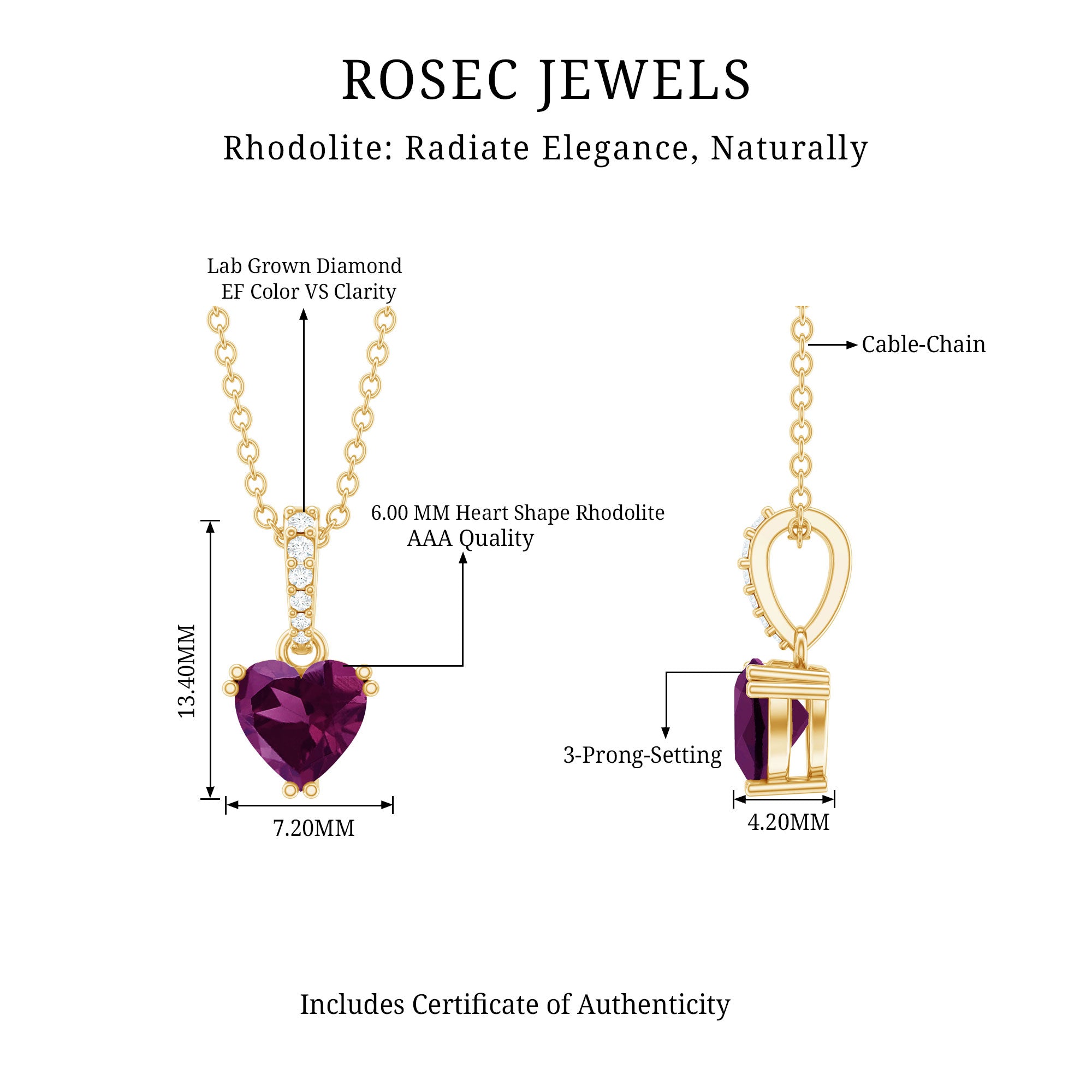 Rhodolite Garnet Heart Necklace with Diamond Accent Bail AAA 14K Yellow Gold Plated Silver - Rosec Jewels