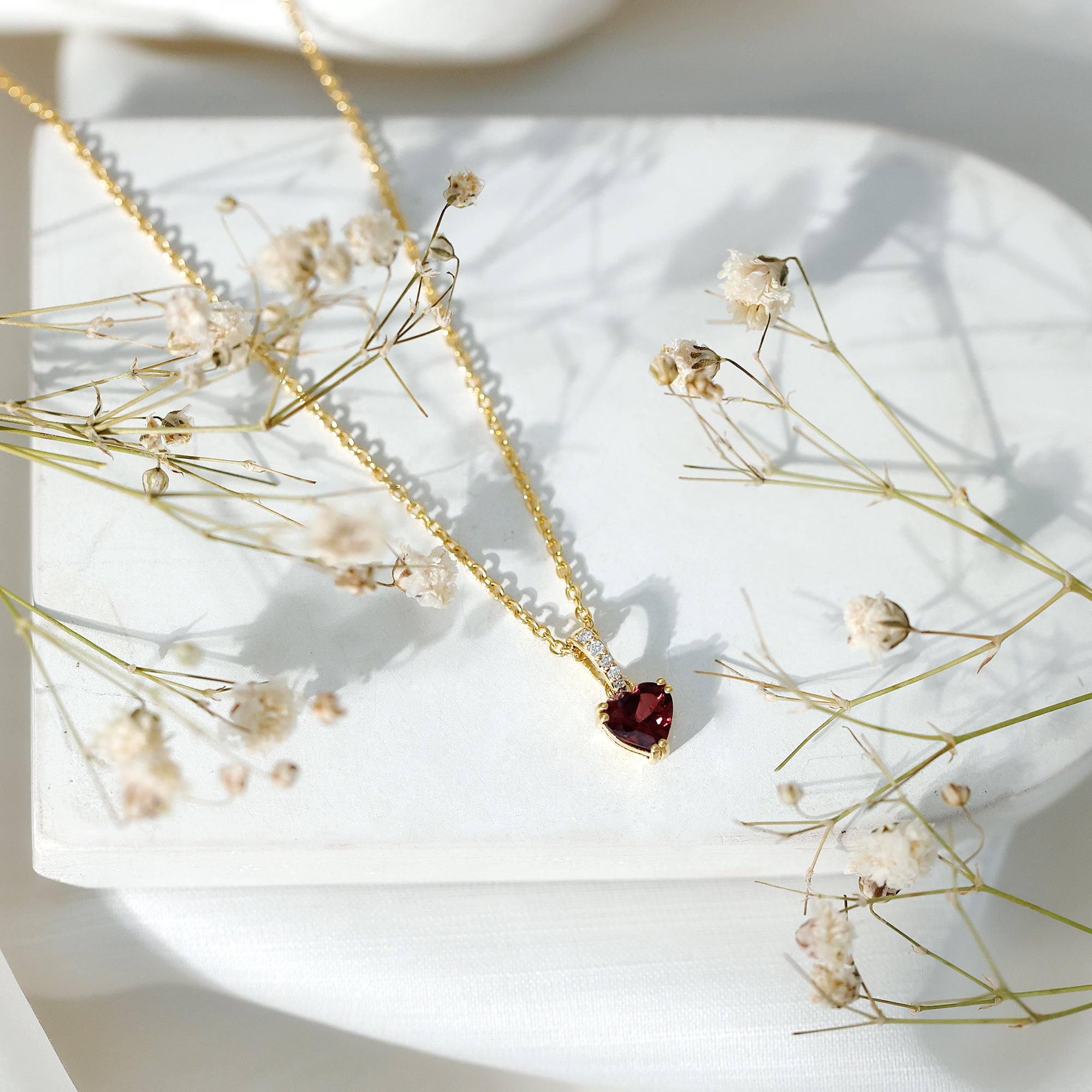 Rhodolite Garnet Heart Necklace with Diamond Accent Bail AAA 14K Yellow Gold Plated Silver - Rosec Jewels