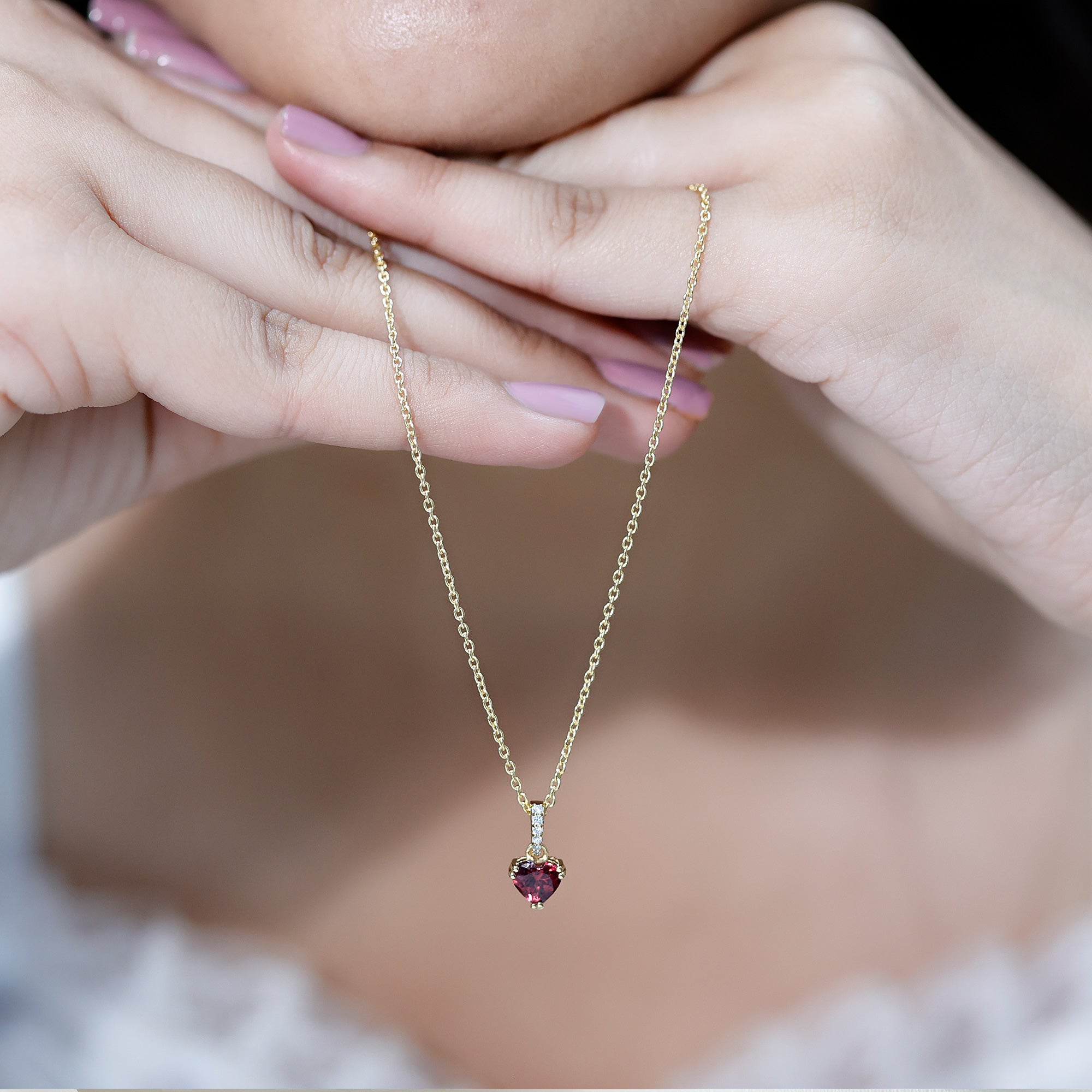 Rhodolite Garnet Heart Necklace with Diamond Accent Bail AAA 14K Yellow Gold Plated Silver - Rosec Jewels