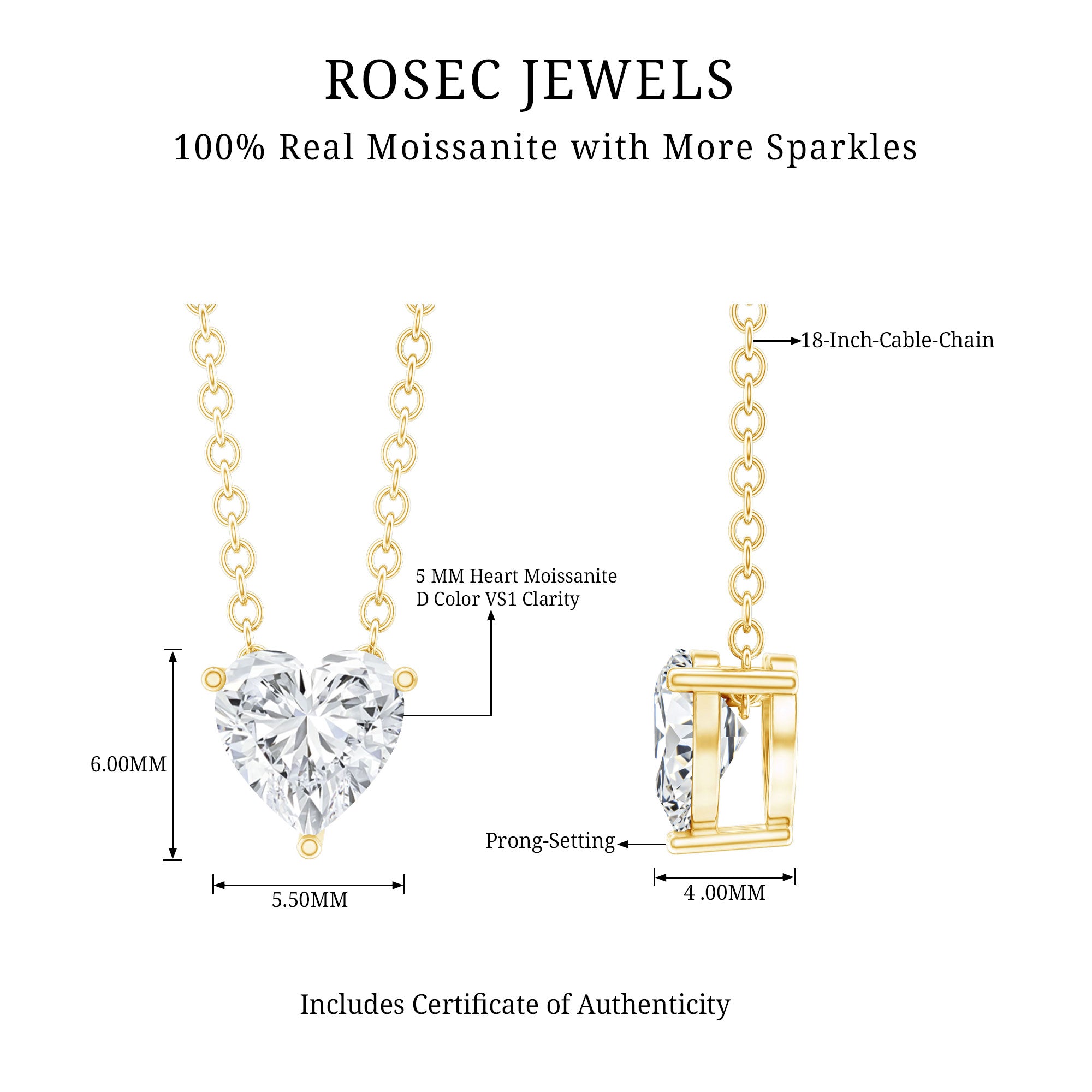 Certified Half Carat Moissanite Heart Promise Necklace with Silver Chain D-VS1 14K Yellow Gold Plated Silver - Rosec Jewels