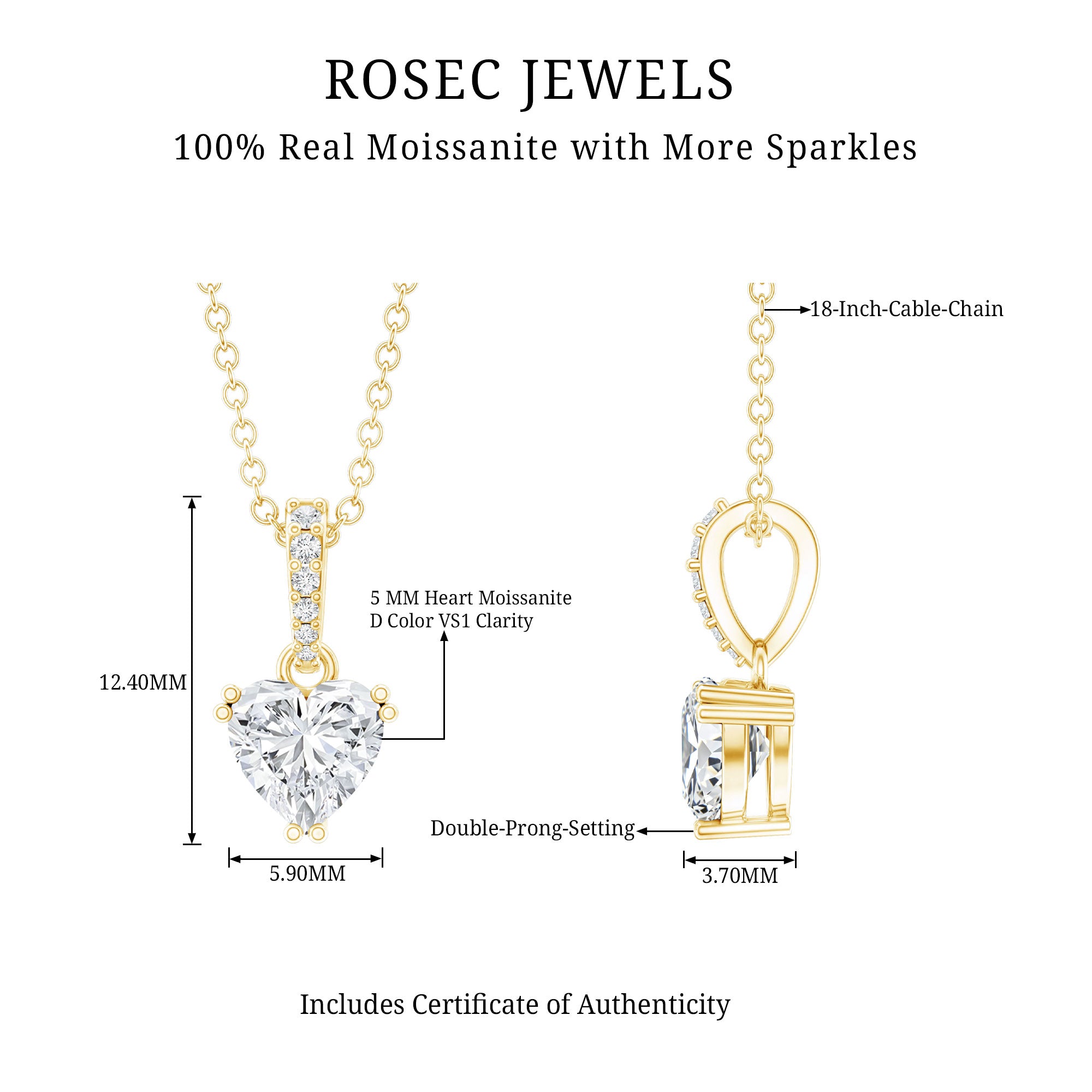 Yellow Gold Plated Silver 0.5 Carat Moissanite Heart Pendant with Chain D-VS1 14K Yellow Gold Plated Silver - Rosec Jewels