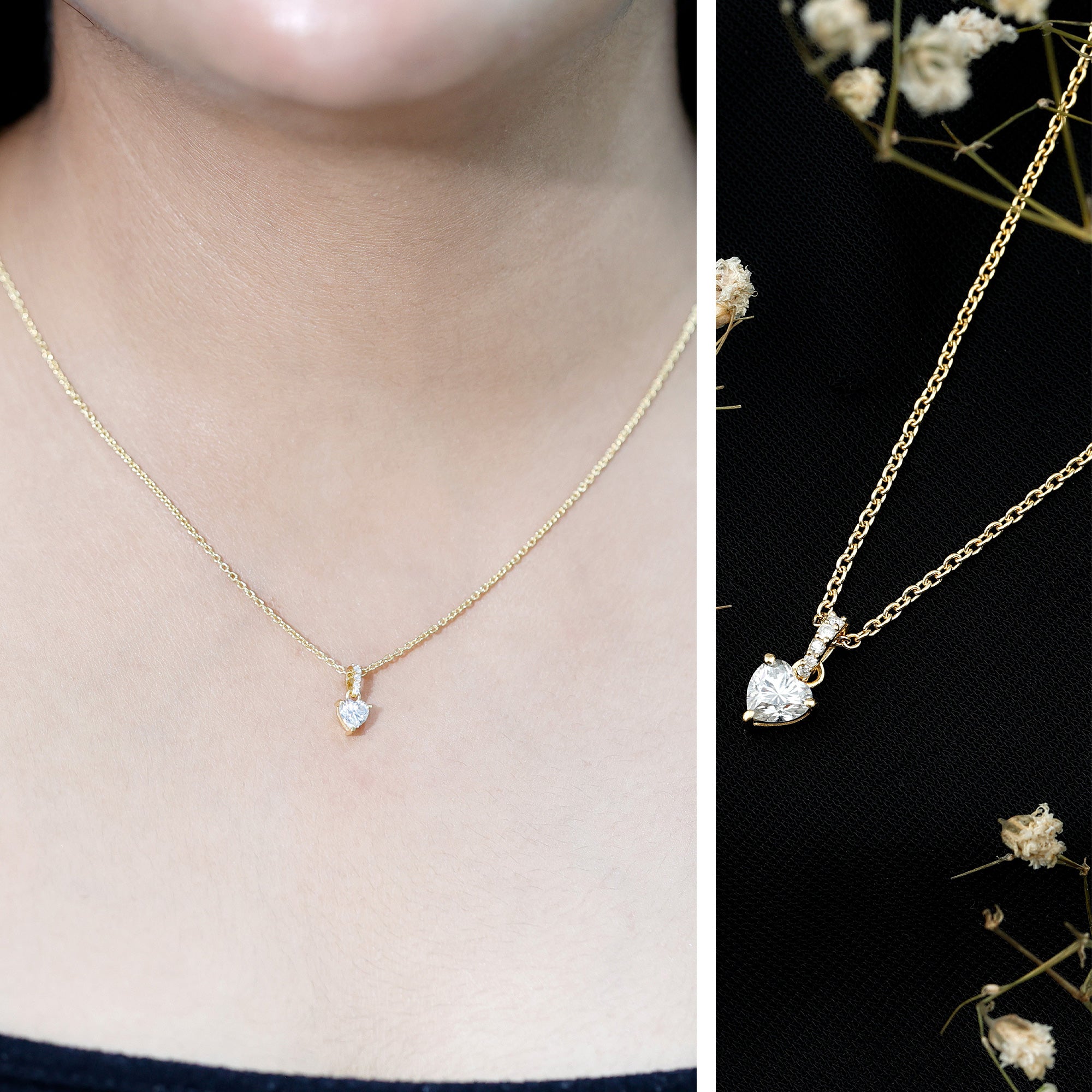 Yellow Gold Plated Silver 0.5 Carat Moissanite Heart Pendant with Chain D-VS1 14K Yellow Gold Plated Silver - Rosec Jewels