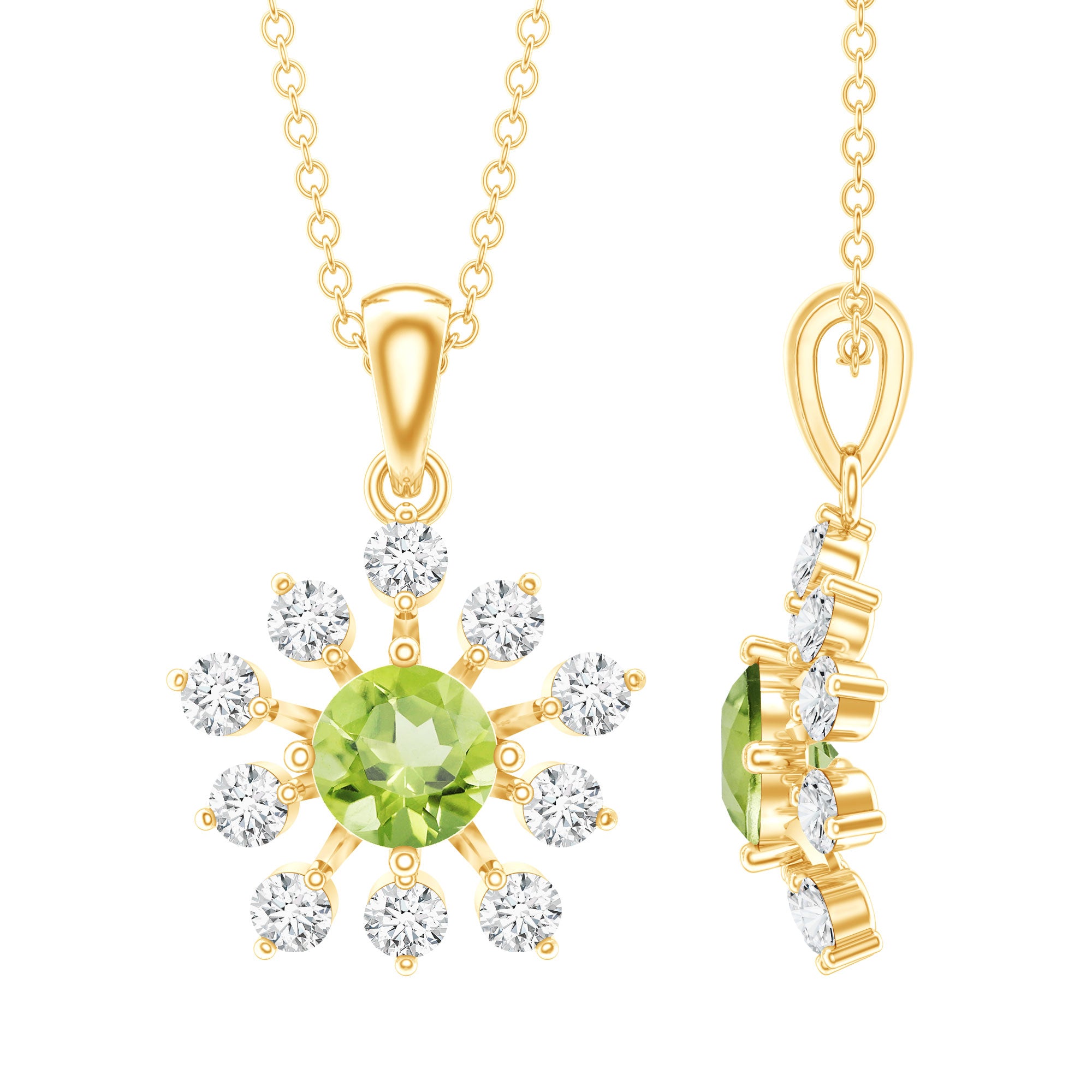 Green Peridot and Diamond Flower Pendant Necklace AAA 14K Yellow Gold Plated Silver - Rosec Jewels