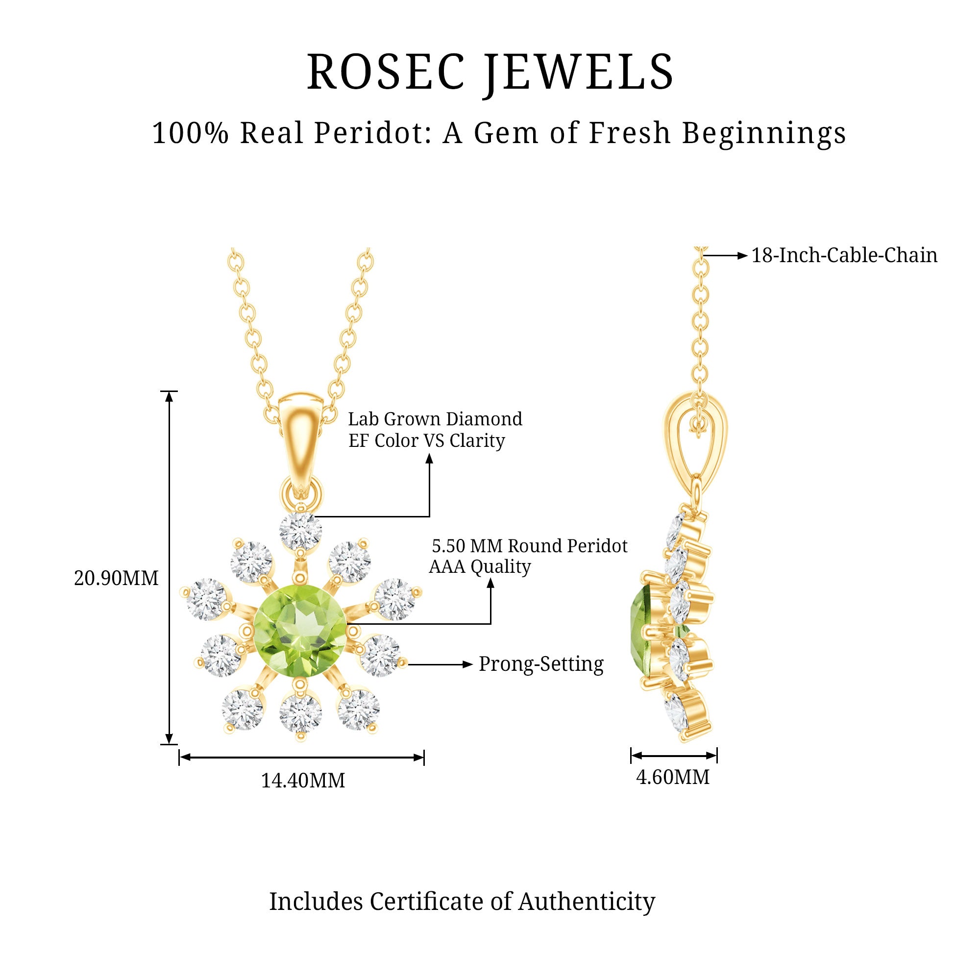 Green Peridot and Diamond Flower Pendant Necklace AAA 14K Yellow Gold Plated Silver - Rosec Jewels