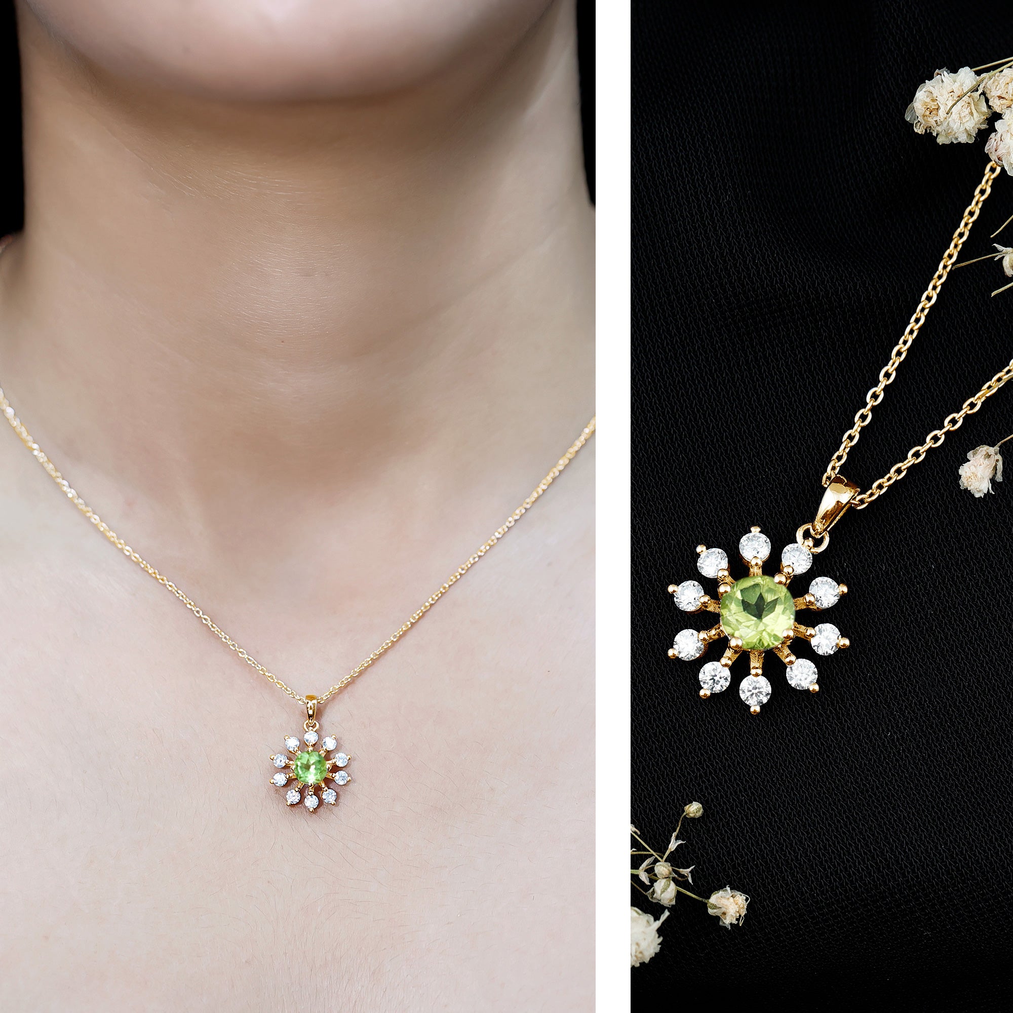 Green Peridot and Diamond Flower Pendant Necklace AAA 14K Yellow Gold Plated Silver - Rosec Jewels