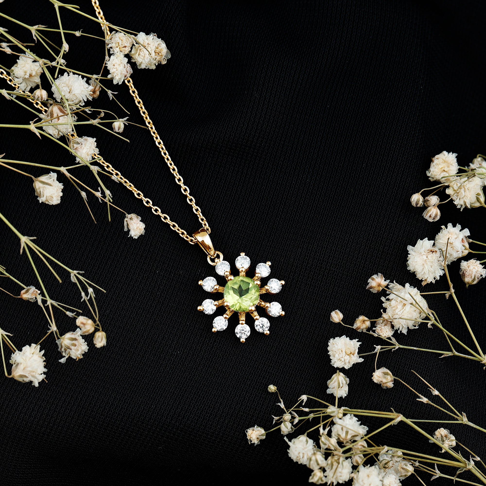 Green Peridot and Diamond Flower Pendant Necklace AAA 14K Yellow Gold Plated Silver - Rosec Jewels