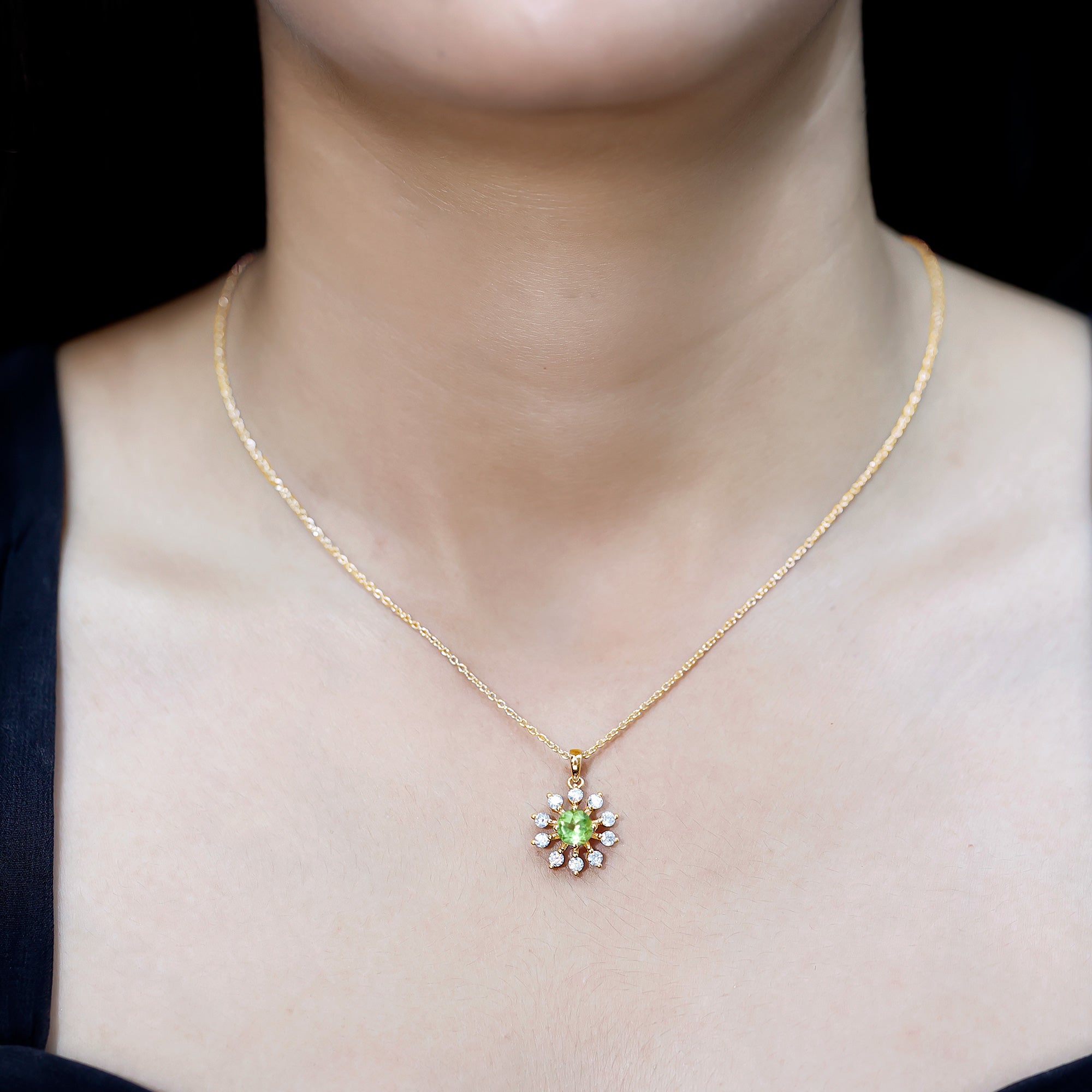 Green Peridot and Diamond Flower Pendant Necklace AAA 14K Yellow Gold Plated Silver - Rosec Jewels
