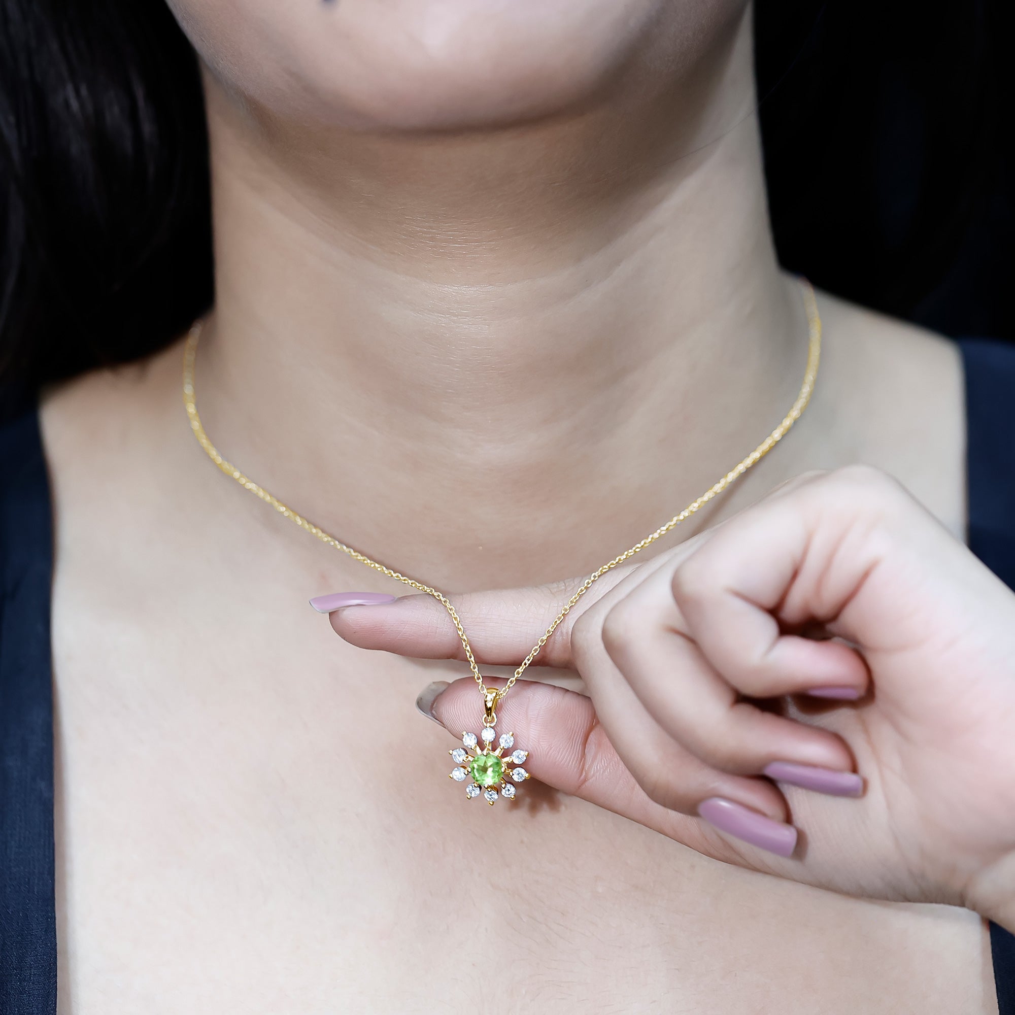 Green Peridot and Diamond Flower Pendant Necklace AAA 14K Yellow Gold Plated Silver - Rosec Jewels