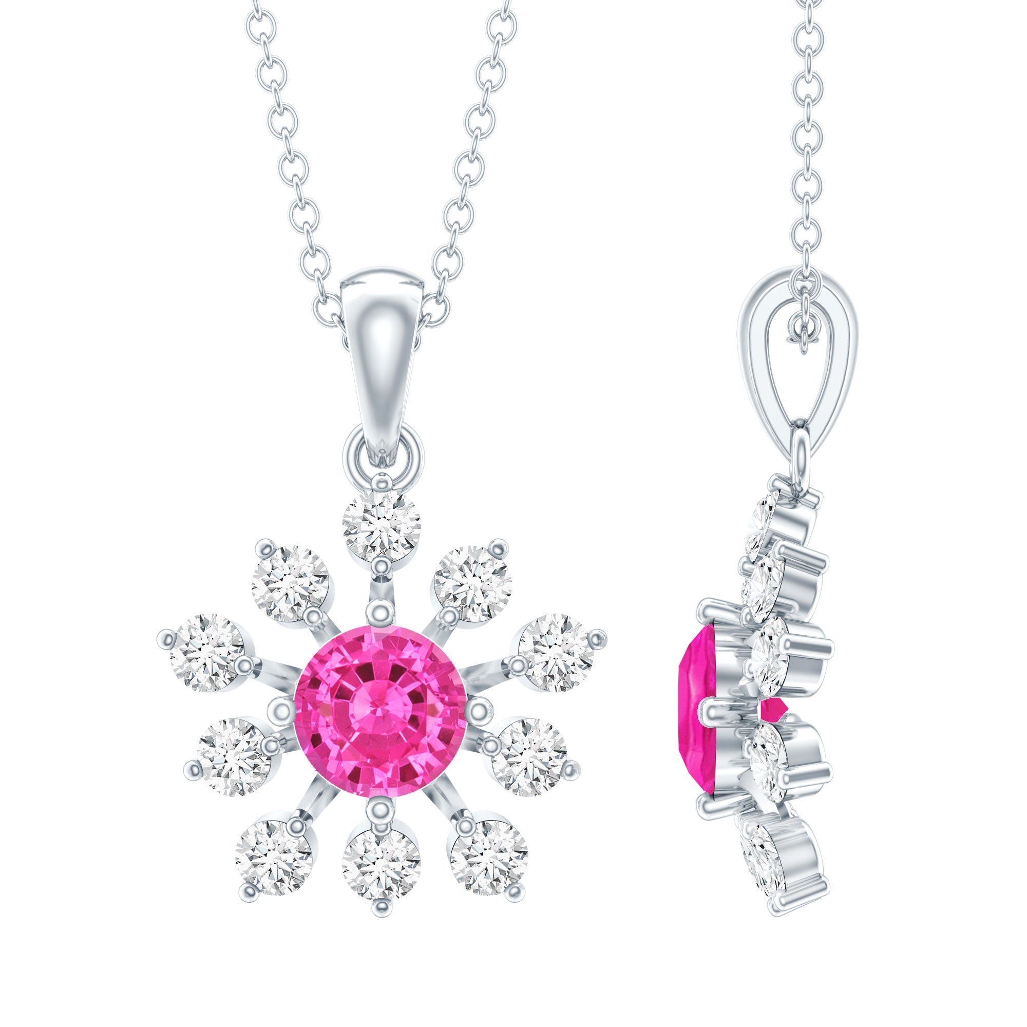 Lab Created Pink Sapphire and Diamond Flower Pendant Necklace AAAA 92.5 Sterling Silver - Rosec Jewels