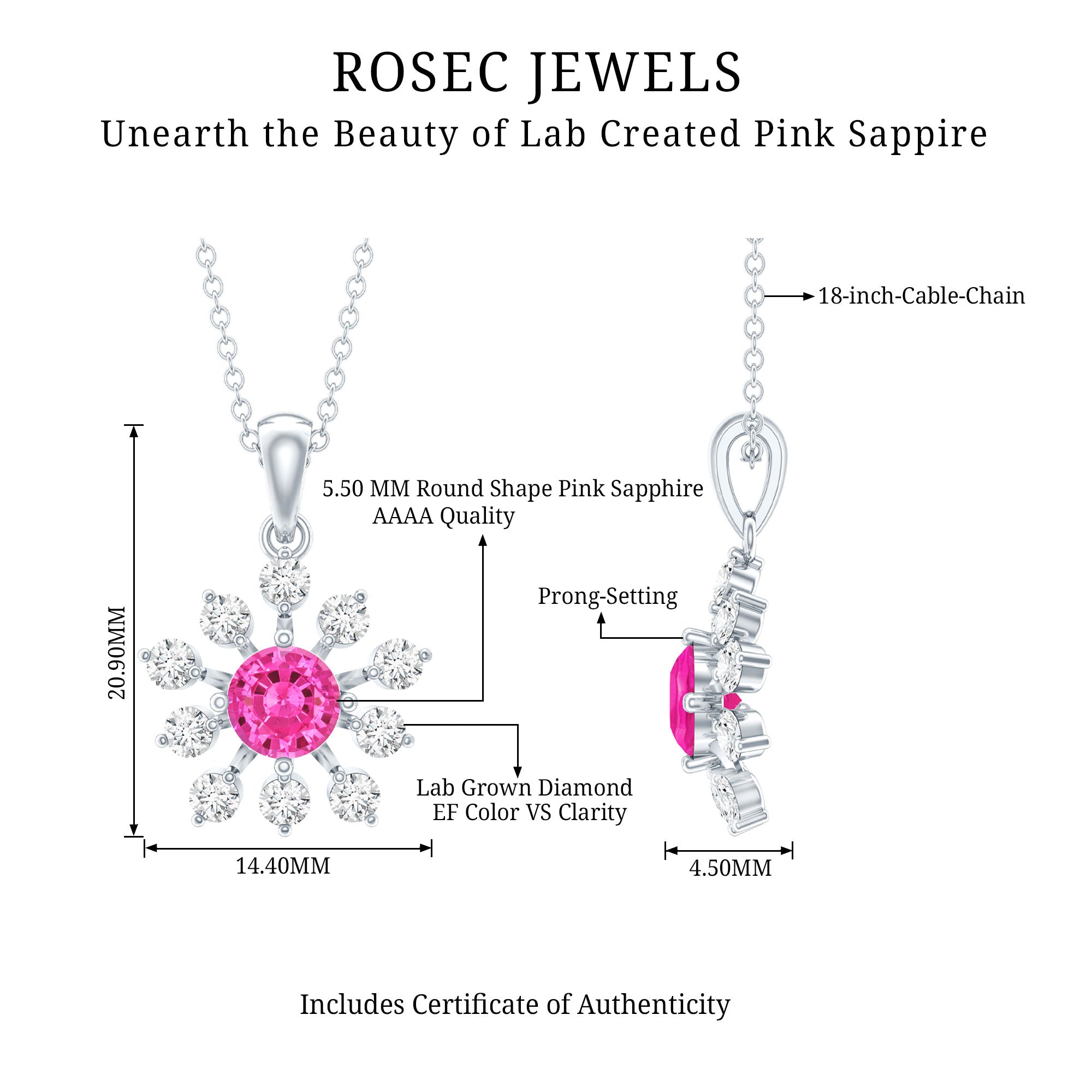 Lab Created Pink Sapphire and Diamond Flower Pendant Necklace AAAA 92.5 Sterling Silver - Rosec Jewels