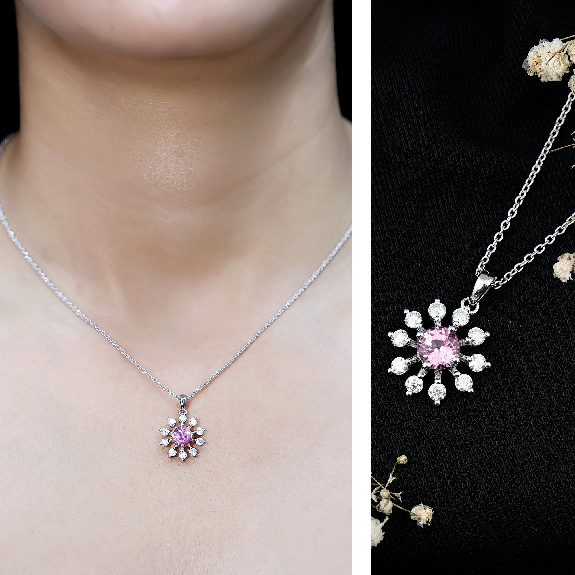 Lab Created Pink Sapphire and Diamond Flower Pendant Necklace AAAA 92.5 Sterling Silver - Rosec Jewels