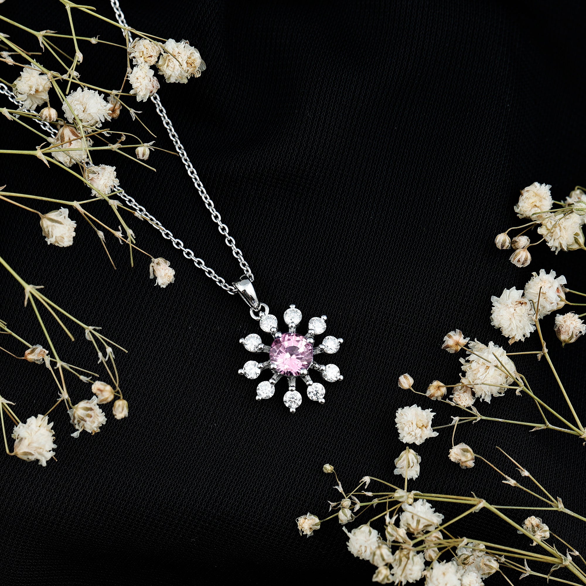 Lab Created Pink Sapphire and Diamond Flower Pendant Necklace AAAA 92.5 Sterling Silver - Rosec Jewels