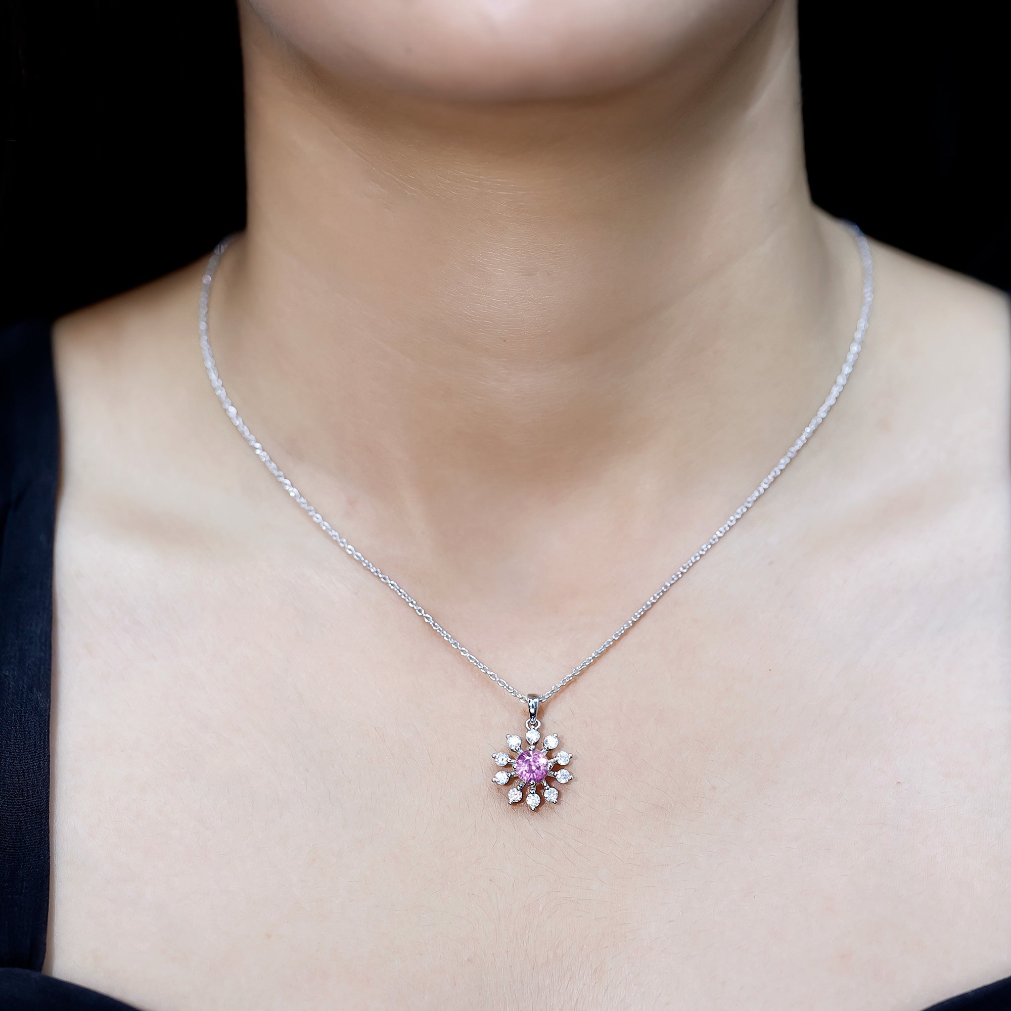 Lab Created Pink Sapphire and Diamond Flower Pendant Necklace AAAA 92.5 Sterling Silver - Rosec Jewels