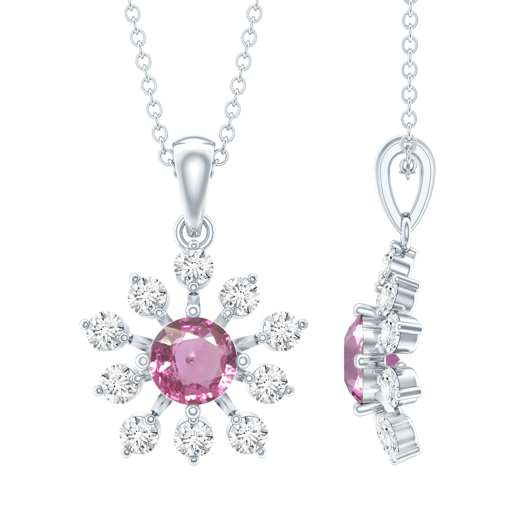Genuine 0.58 Carat Pink Sapphire and Diamond Flower Pendant Necklace AAA 92.5 Sterling Silver - Rosec Jewels