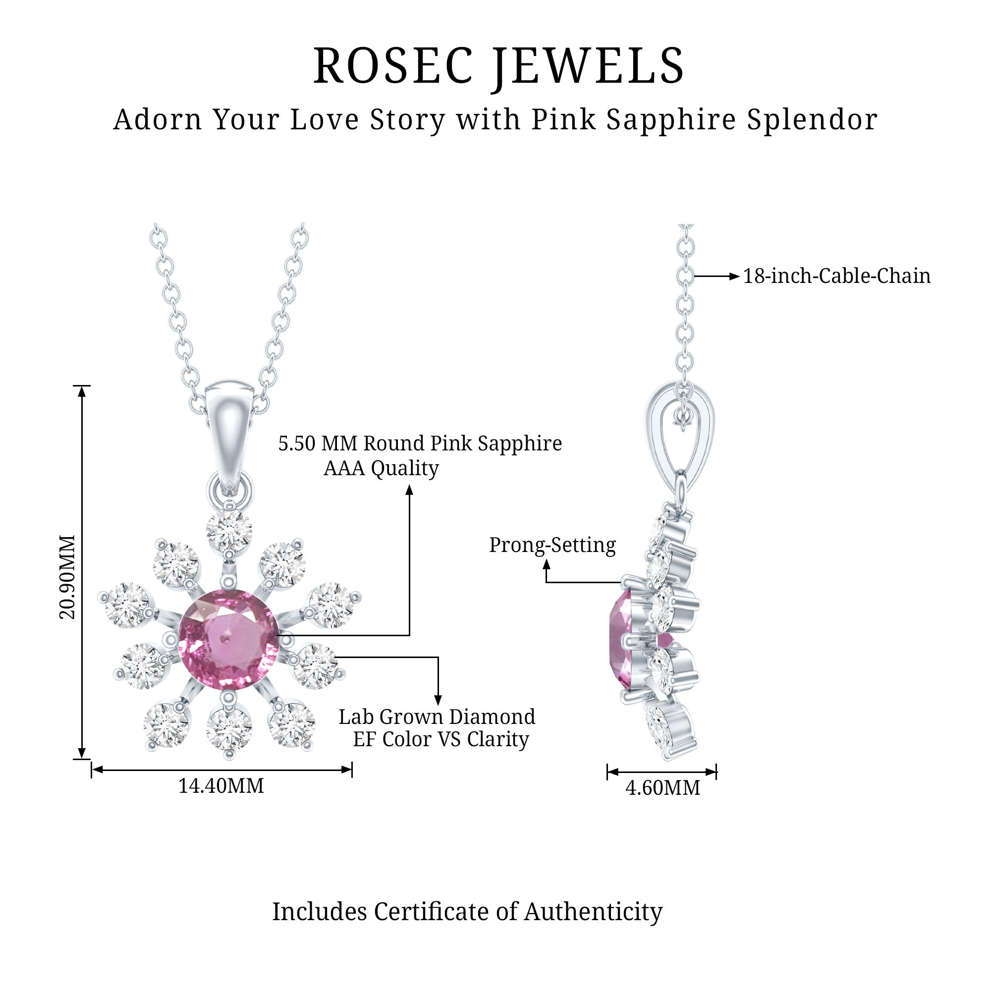Genuine 0.58 Carat Pink Sapphire and Diamond Flower Pendant Necklace AAA 92.5 Sterling Silver - Rosec Jewels