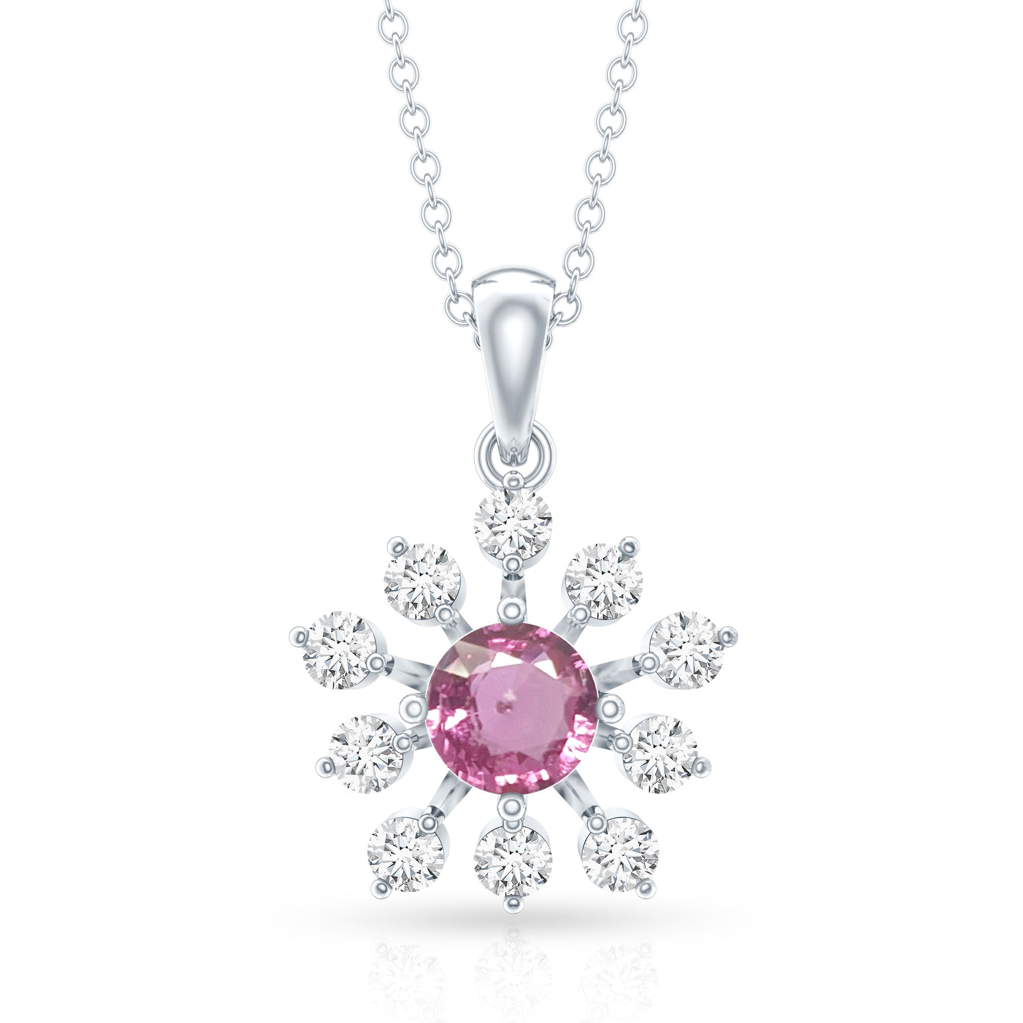 Genuine 0.58 Carat Pink Sapphire and Diamond Flower Pendant Necklace AAA 92.5 Sterling Silver - Rosec Jewels