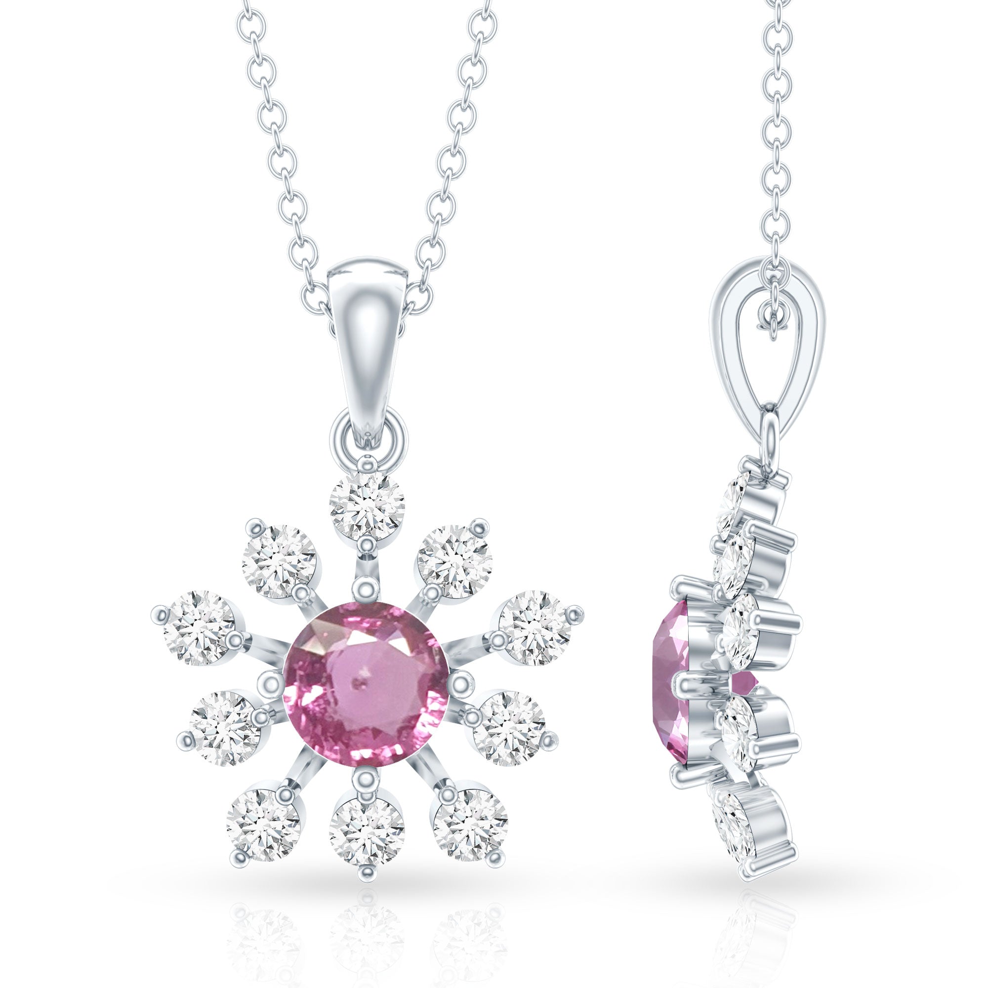 Genuine 0.58 Carat Pink Sapphire and Diamond Flower Pendant Necklace AAA 92.5 Sterling Silver - Rosec Jewels