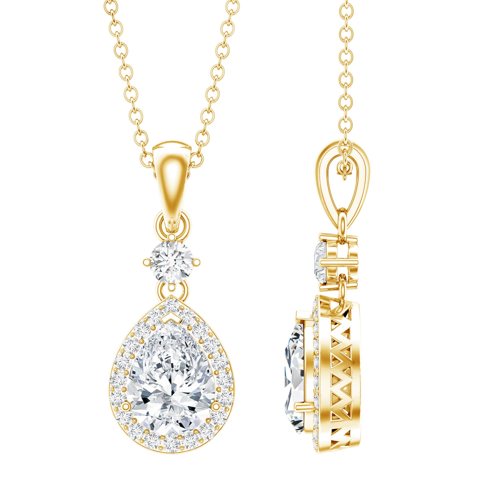 Pear Shaped 1.3 Carat Moissanite Pendant Necklace with Halo D-VS1 14K Yellow Gold Plated Silver - Rosec Jewels