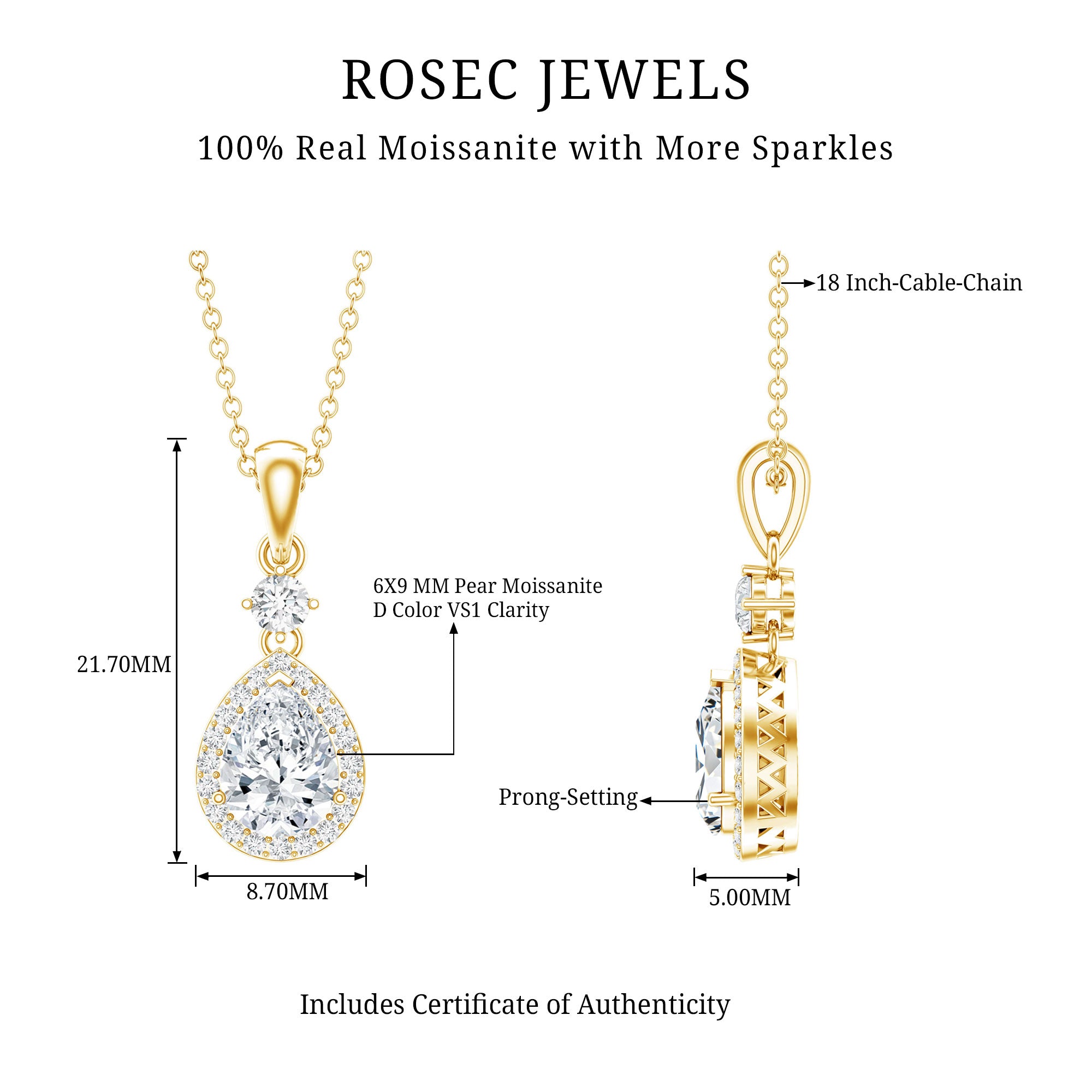 Pear Shaped 1.3 Carat Moissanite Pendant Necklace with Halo D-VS1 14K Yellow Gold Plated Silver - Rosec Jewels