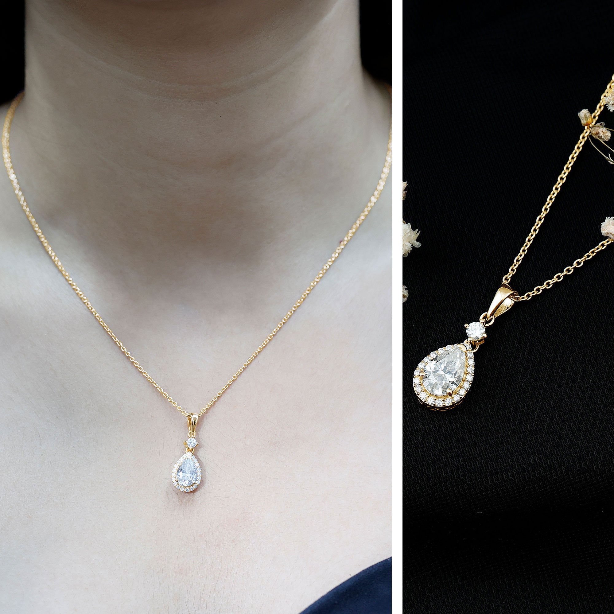 Pear Shaped 1.3 Carat Moissanite Pendant Necklace with Halo D-VS1 14K Yellow Gold Plated Silver - Rosec Jewels