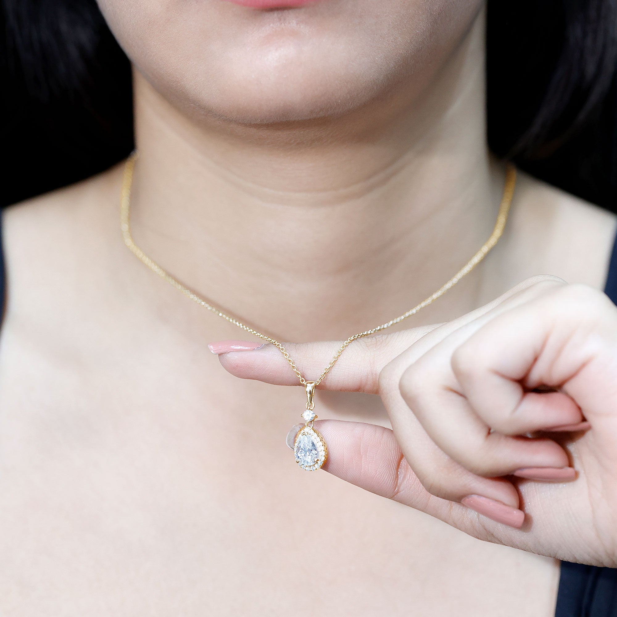 Pear Shaped 1.3 Carat Moissanite Pendant Necklace with Halo D-VS1 14K Yellow Gold Plated Silver - Rosec Jewels