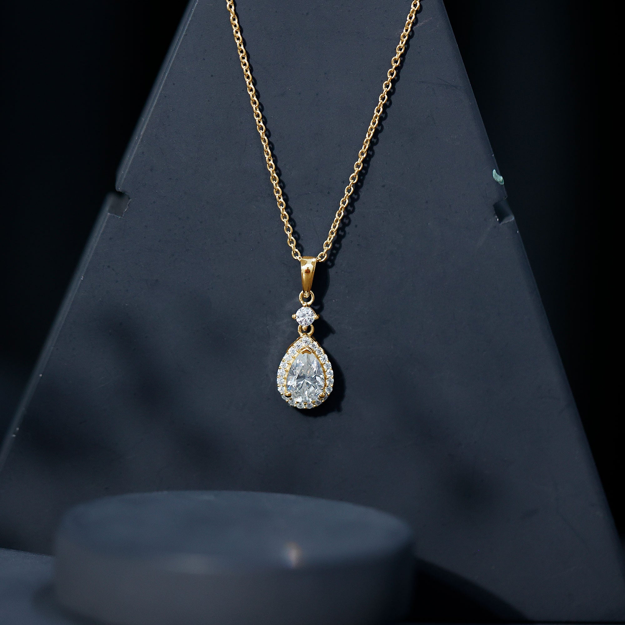 Pear Shaped 1.3 Carat Moissanite Pendant Necklace with Halo D-VS1 14K Yellow Gold Plated Silver - Rosec Jewels