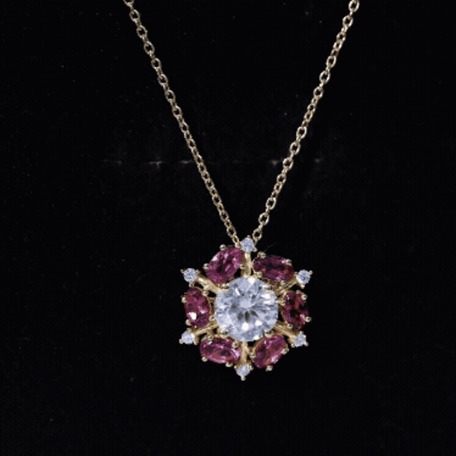 Certified 2 Carat Moissanite Flower Statement Necklace With Pink Tourmaline AAA 14K Yellow Gold Plated Silver - Rosec Jewels