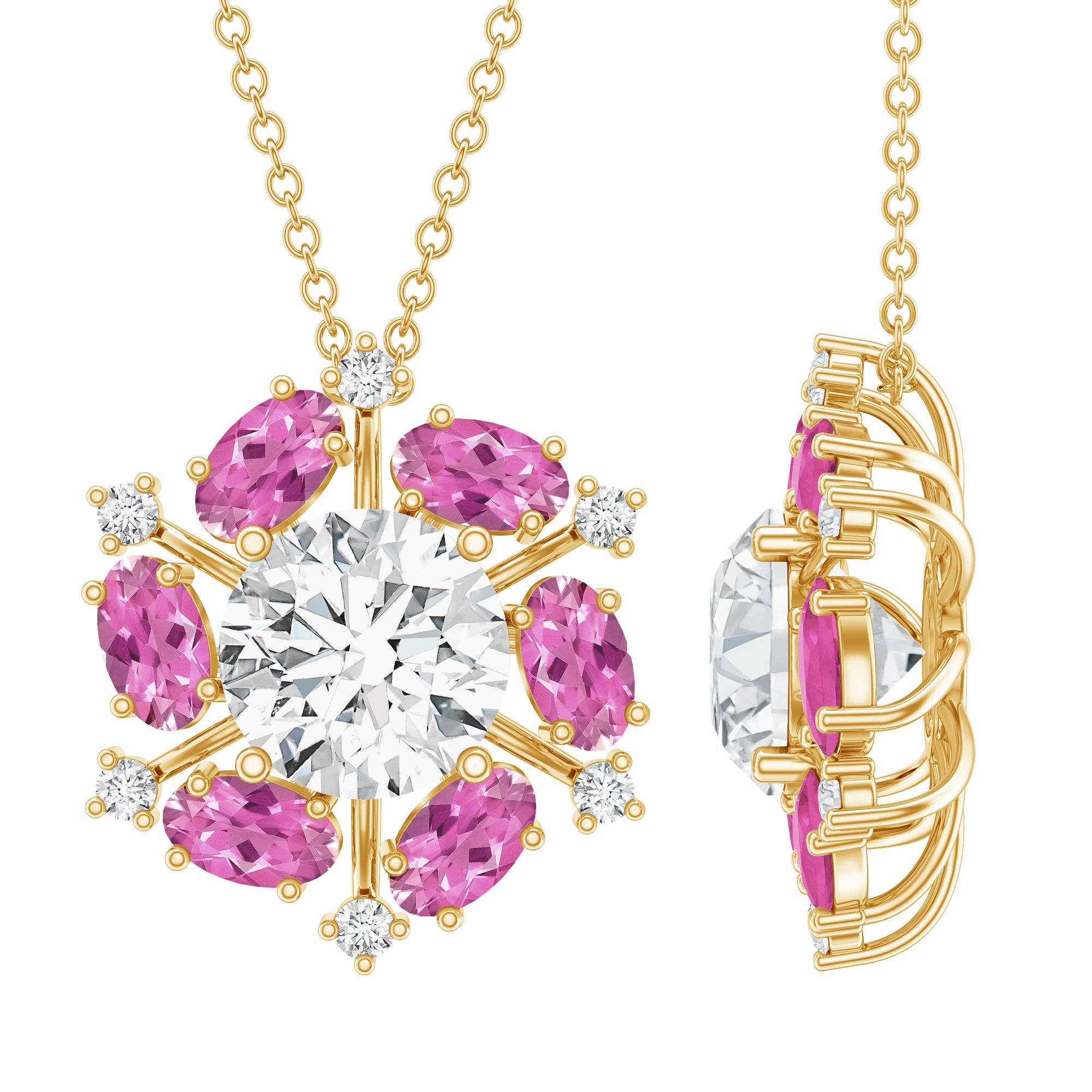 Certified 2 Carat Moissanite Flower Statement Necklace With Pink Tourmaline AAA 14K Yellow Gold Plated Silver - Rosec Jewels