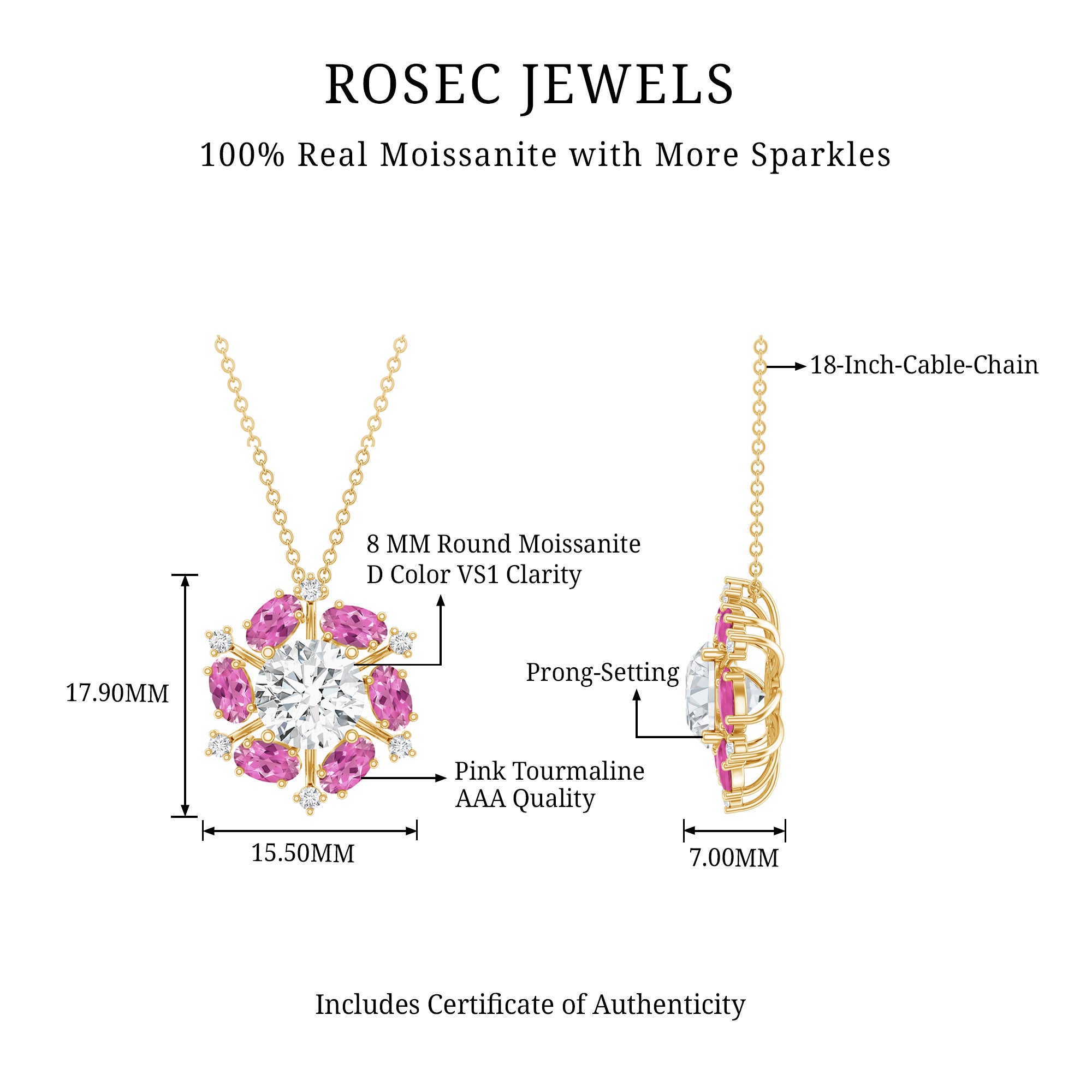 Certified 2 Carat Moissanite Flower Statement Necklace With Pink Tourmaline AAA 14K Yellow Gold Plated Silver - Rosec Jewels