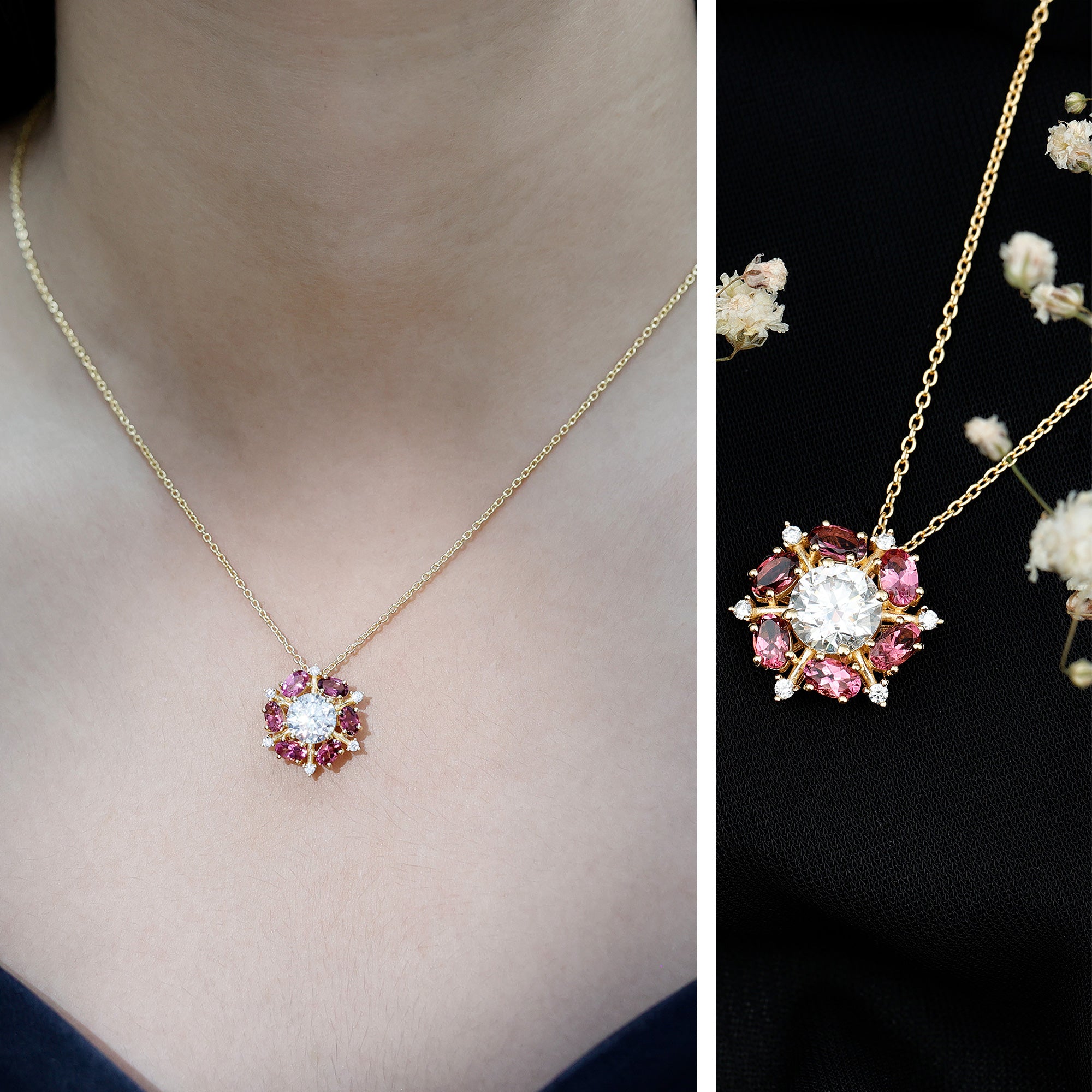 Certified 2 Carat Moissanite Flower Statement Necklace With Pink Tourmaline AAA 14K Yellow Gold Plated Silver - Rosec Jewels